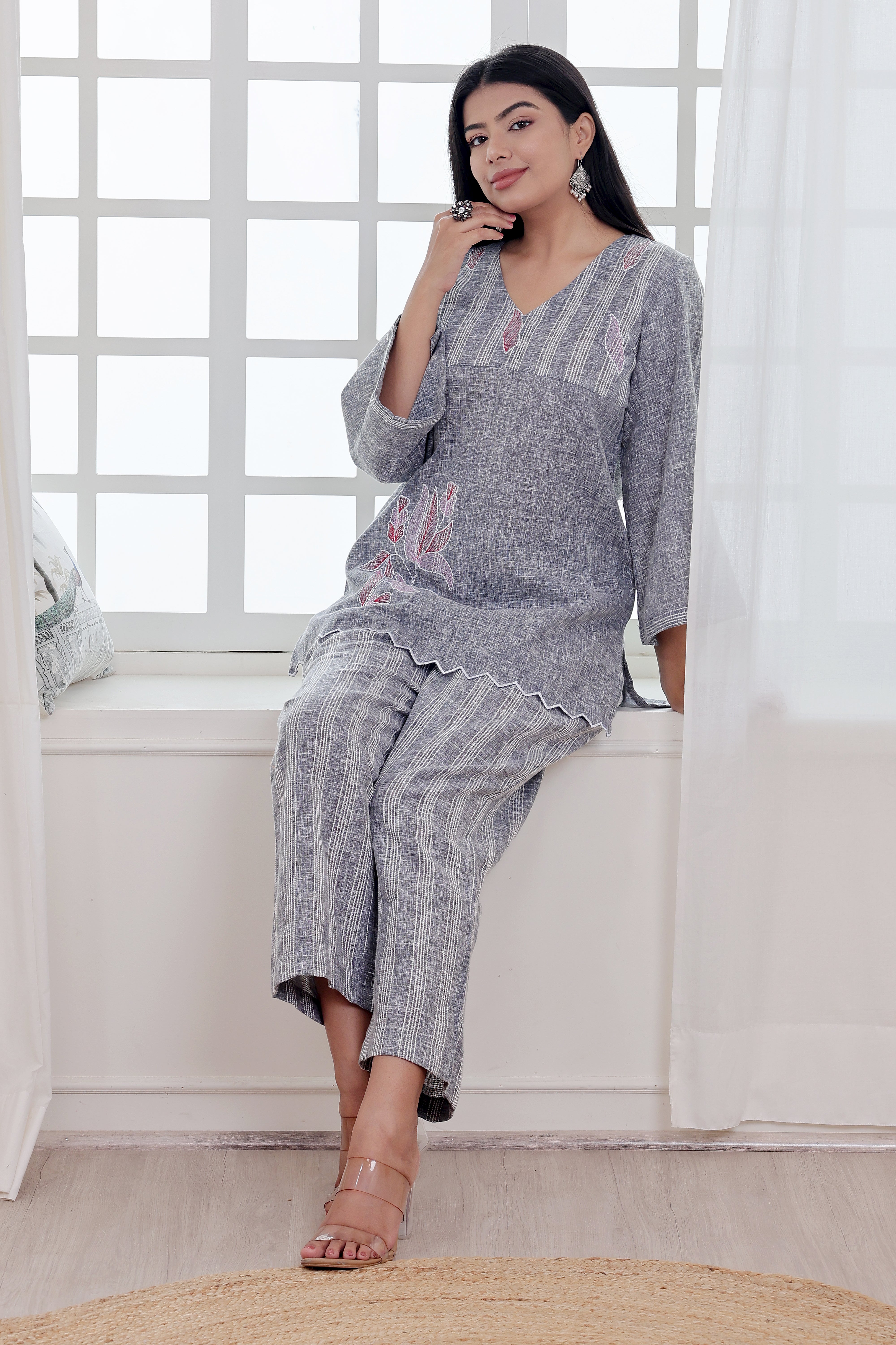 Bluish Grey Linen Blend Co-ord Set with Embroidery