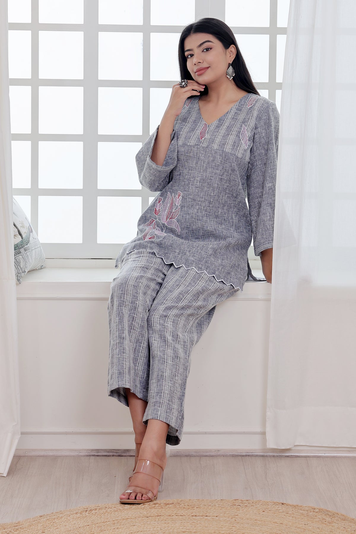 Bluish Grey Linen Blend Co-ord Set with Embroidery