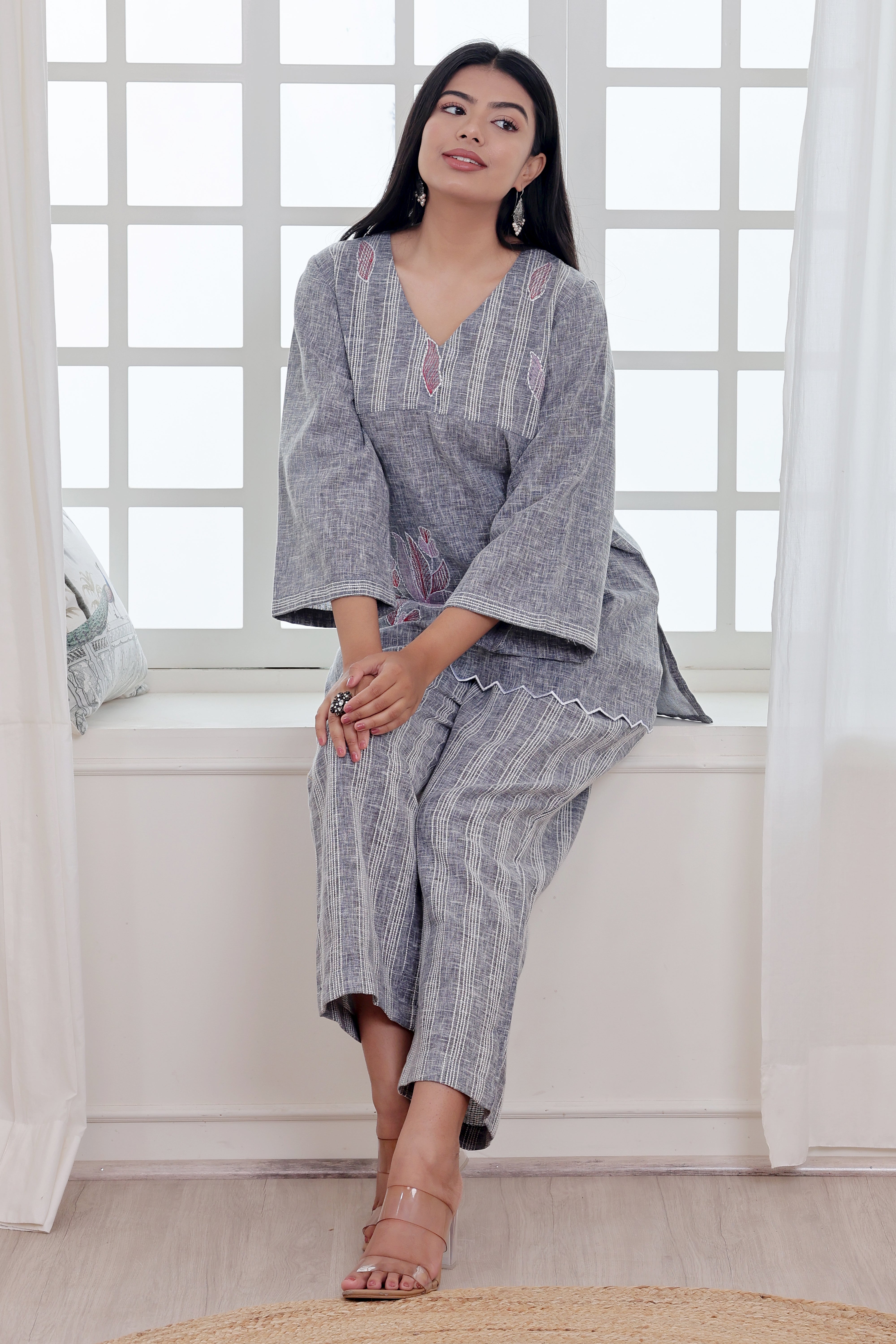 Bluish Grey Linen Blend Co-ord Set with Embroidery