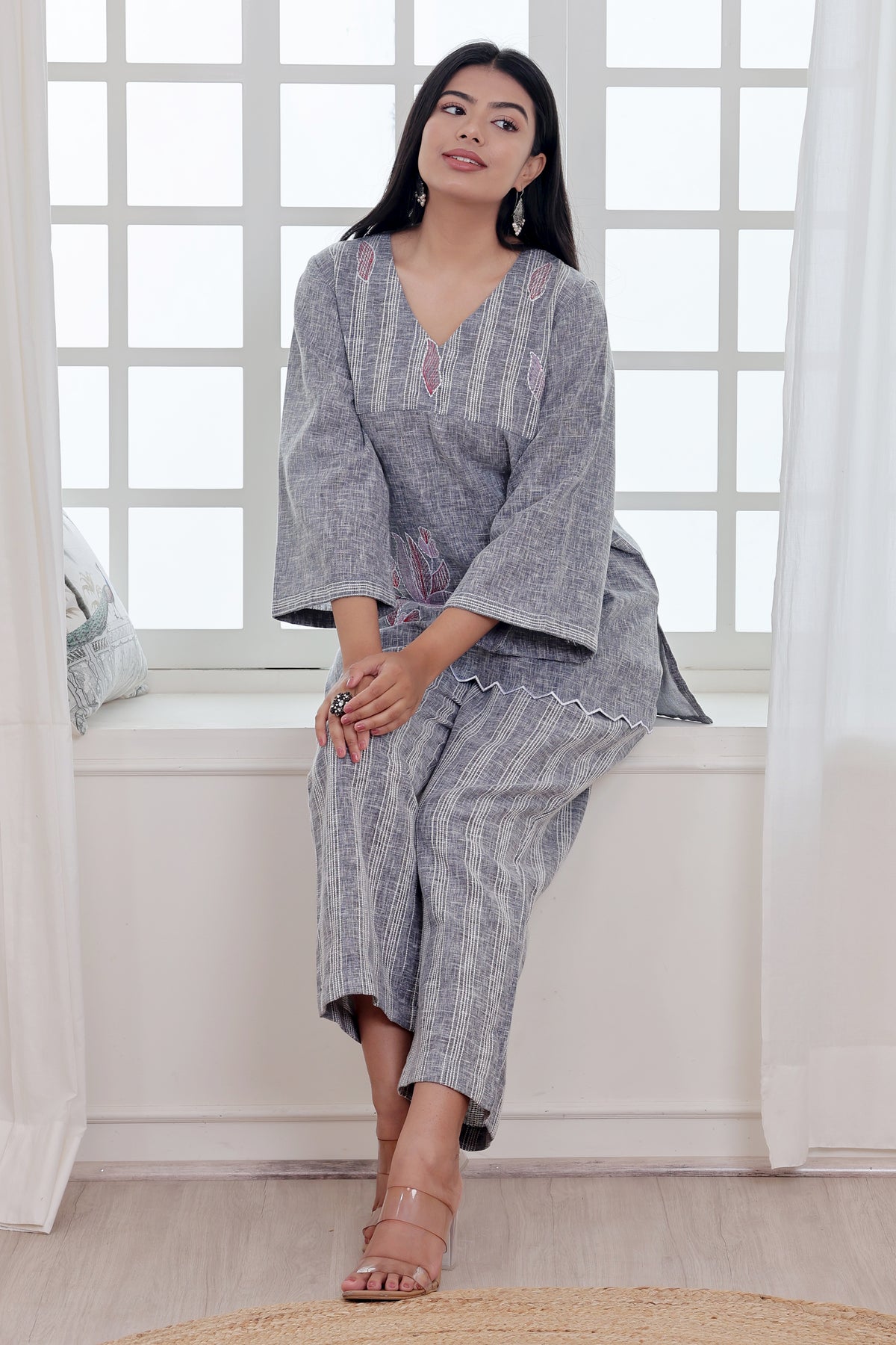 Bluish Grey Linen Blend Co-ord Set with Embroidery