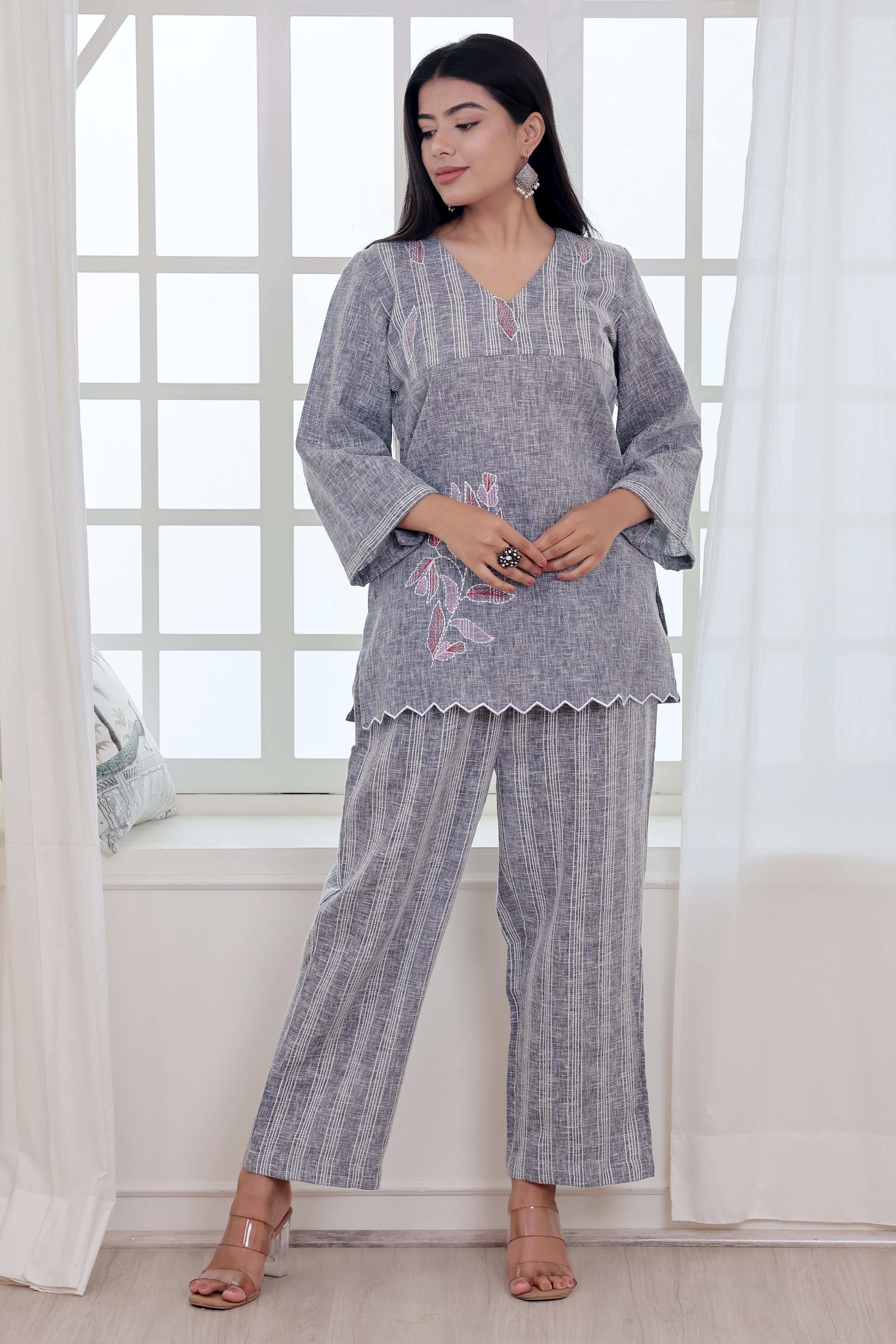 Bluish Grey Linen Blend Co-ord Set with Embroidery