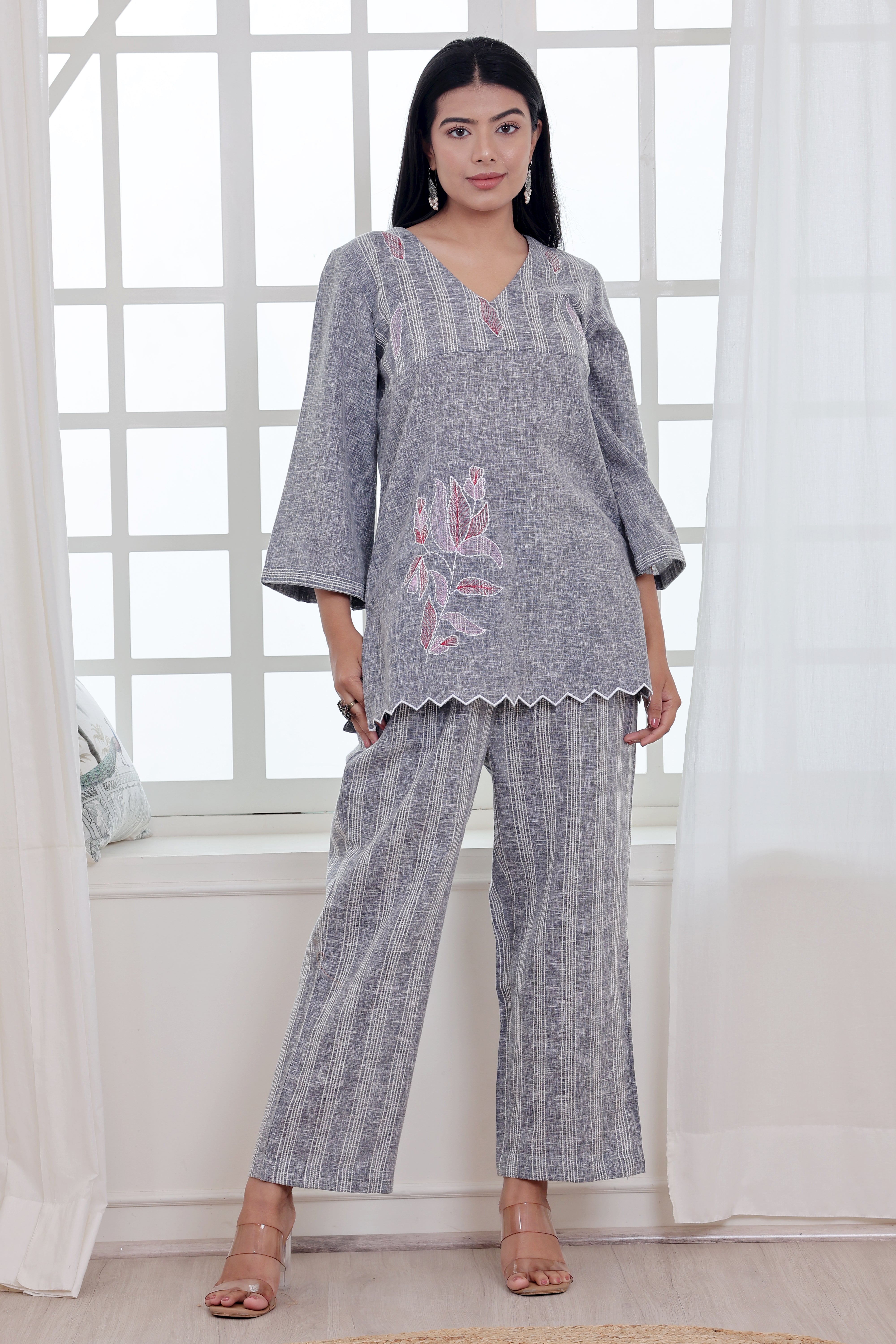 Bluish Grey Linen Blend Co-ord Set with Embroidery