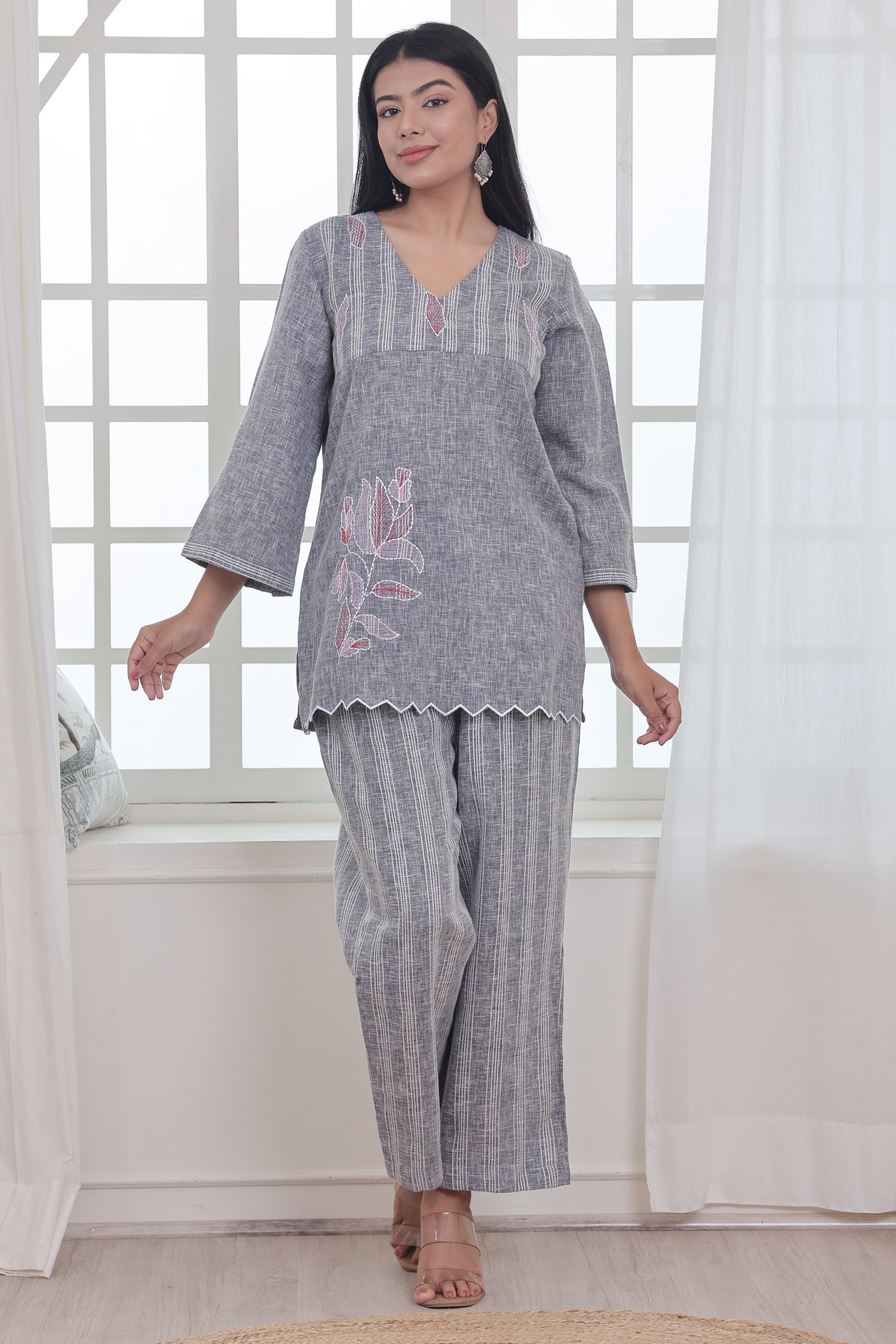 Bluish Grey Linen Blend Co-ord Set with Embroidery