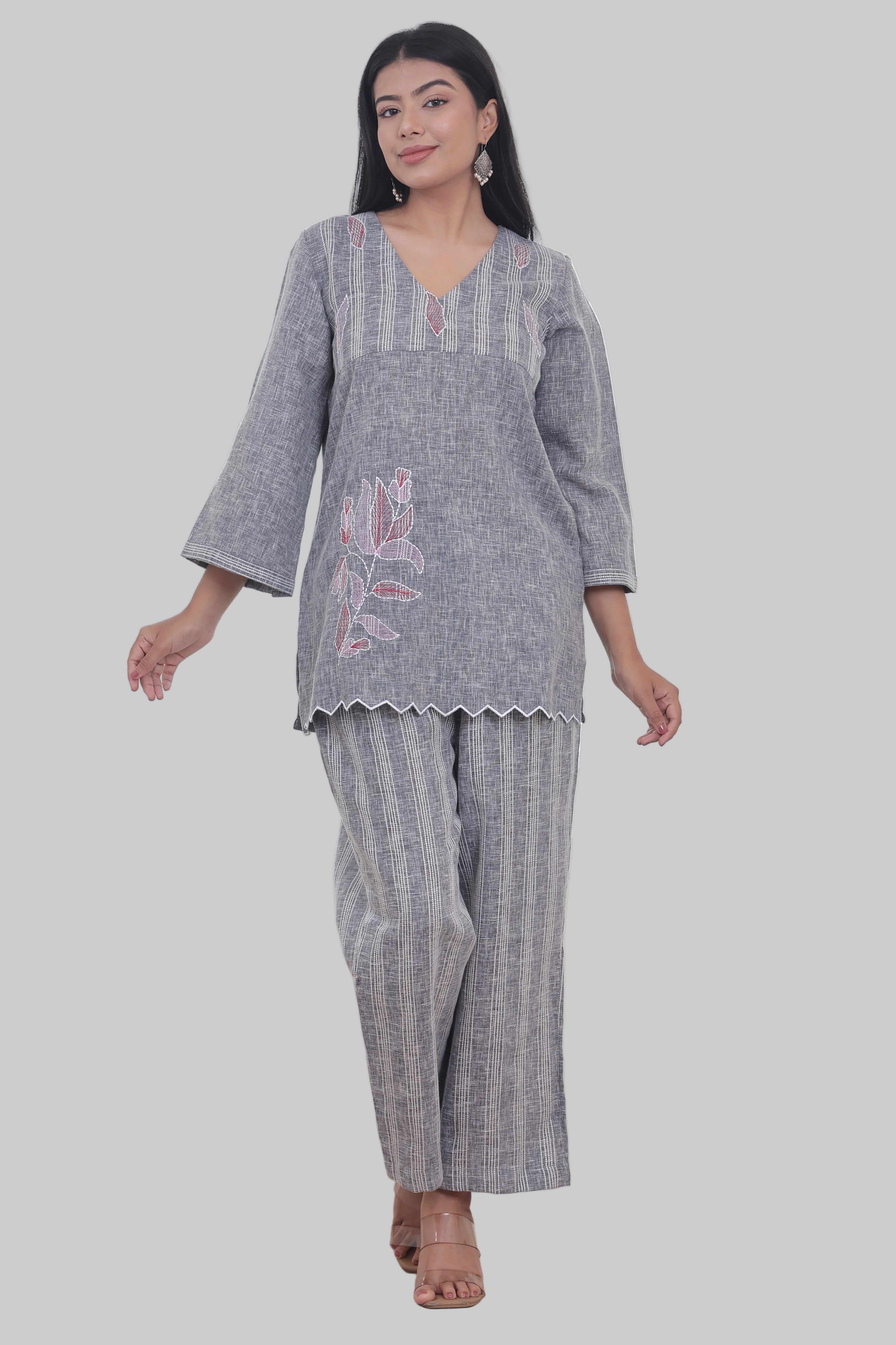 Bluish Grey Linen Blend Co-ord Set with Embroidery