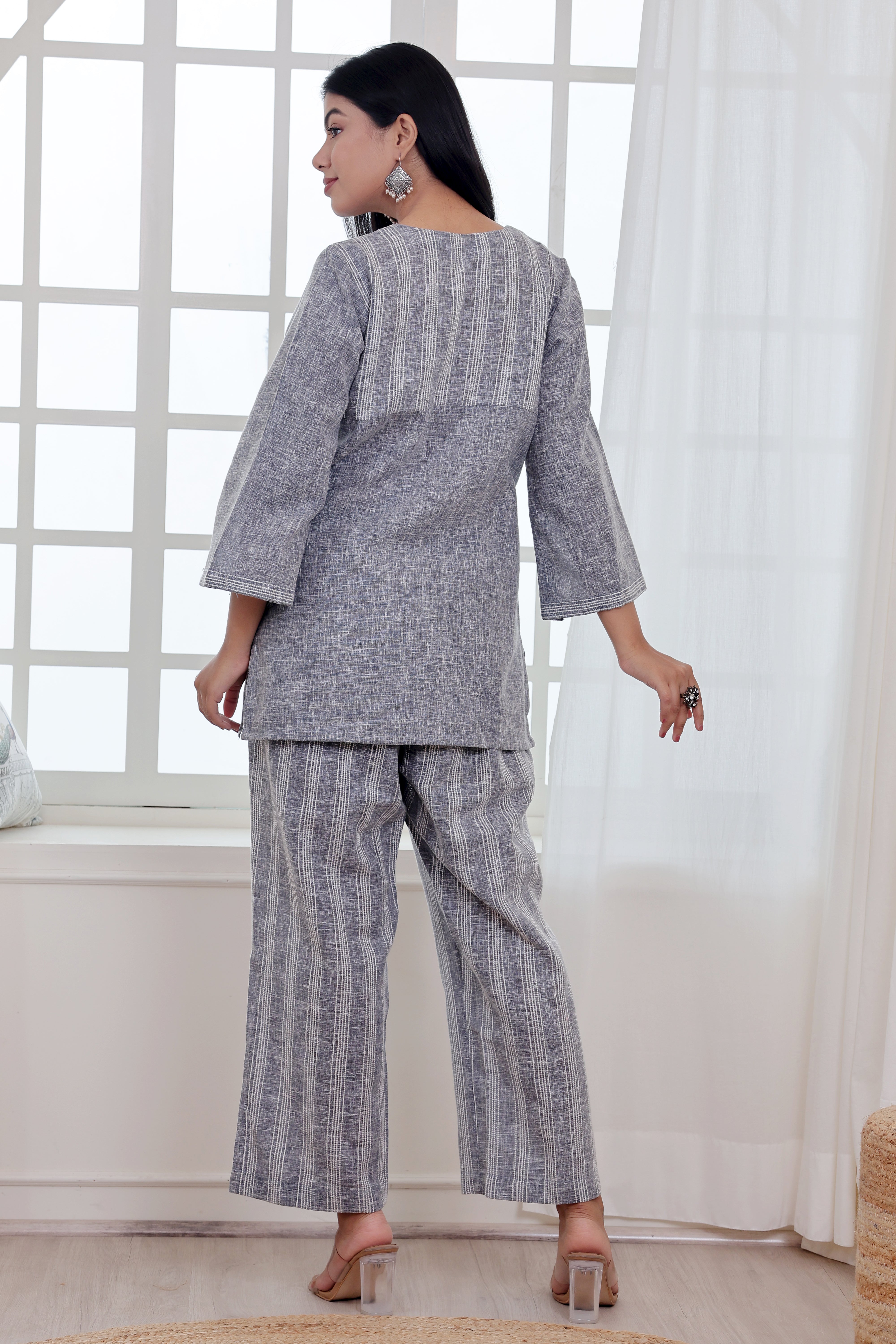 Bluish Grey Linen Blend Co-ord Set with Embroidery