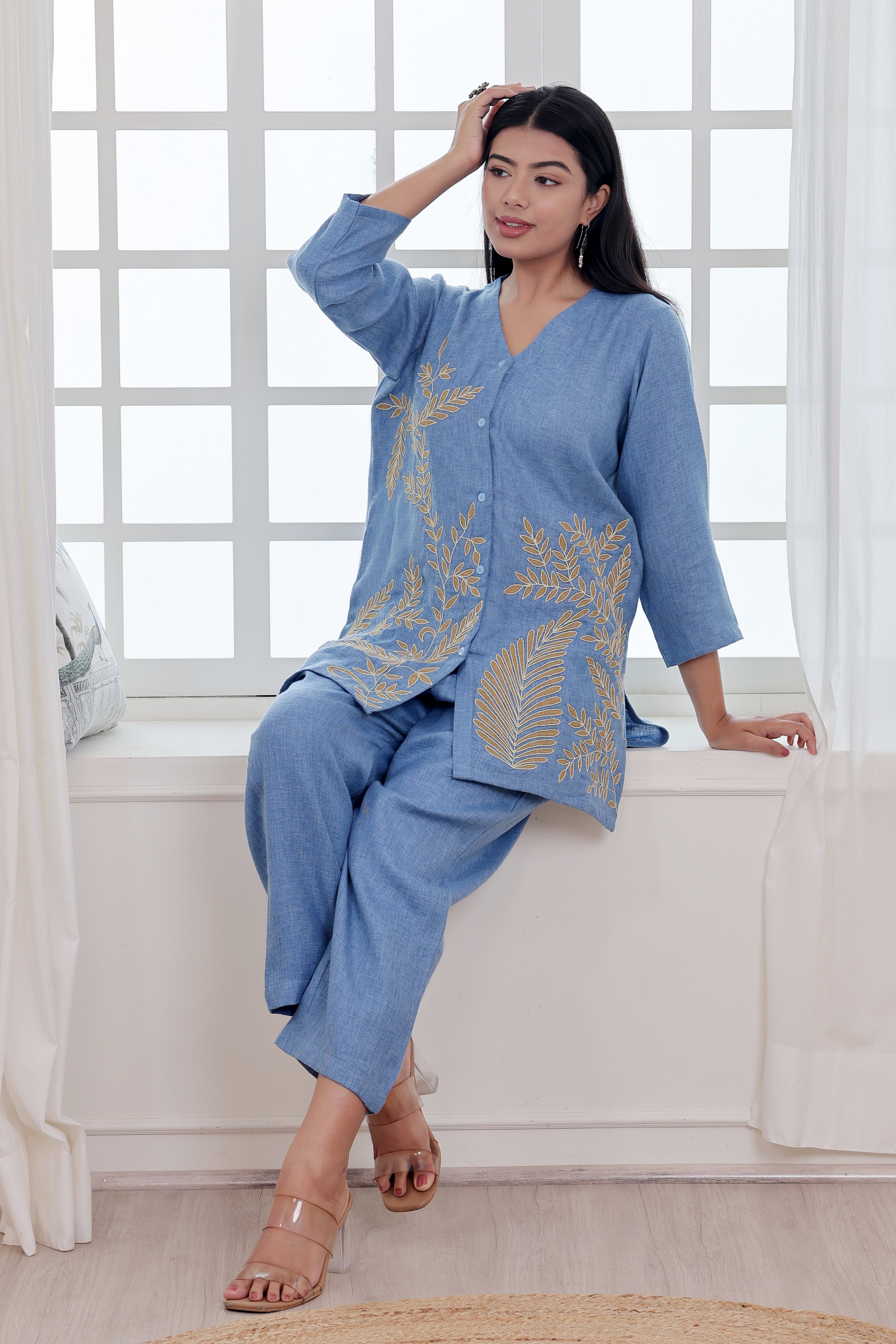 Blue with Beige Embroidery/Appliqué Work Co-ord Set