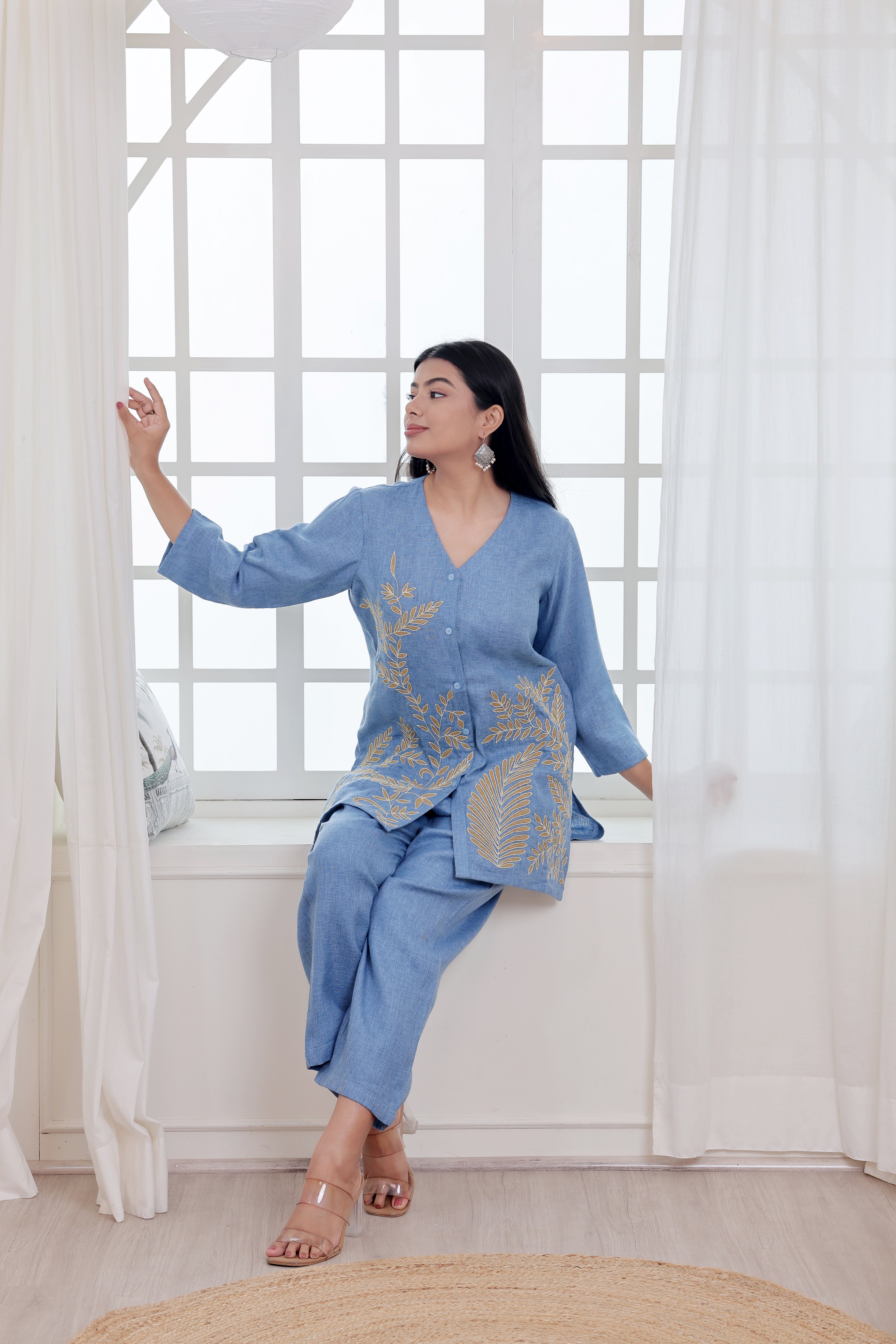Blue with Beige Embroidery/Appliqué Work Co-ord Set