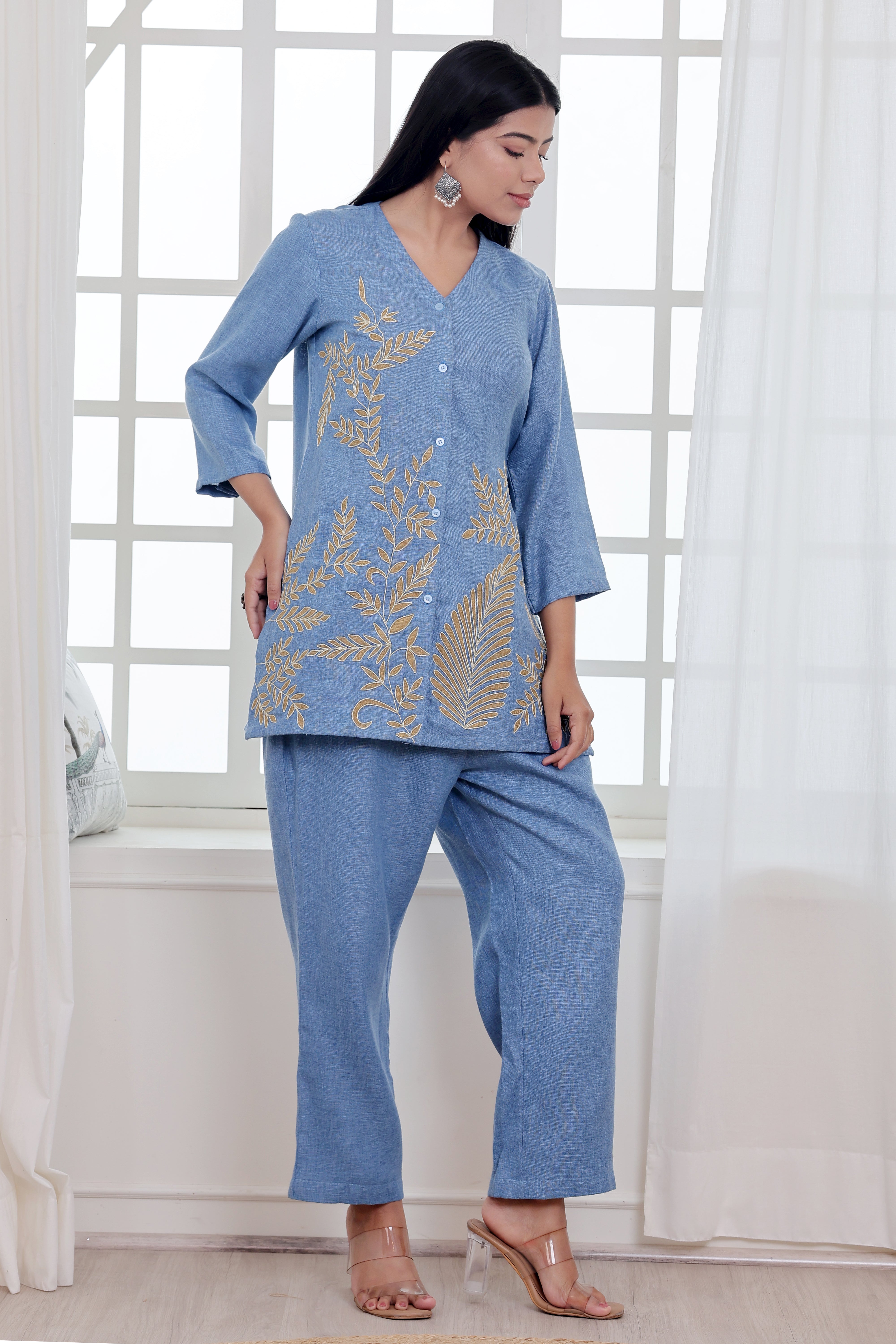 Blue with Beige Embroidery/Appliqué Work Co-ord Set