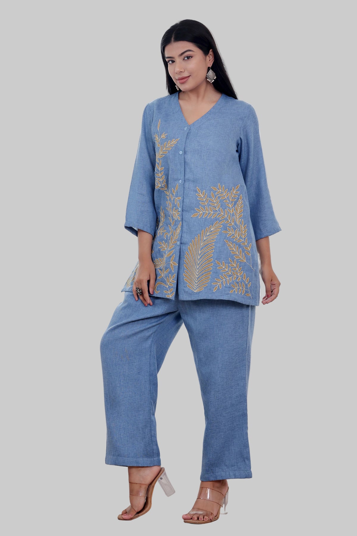 Blue with Beige Embroidery/Appliqué Work Co-ord Set
