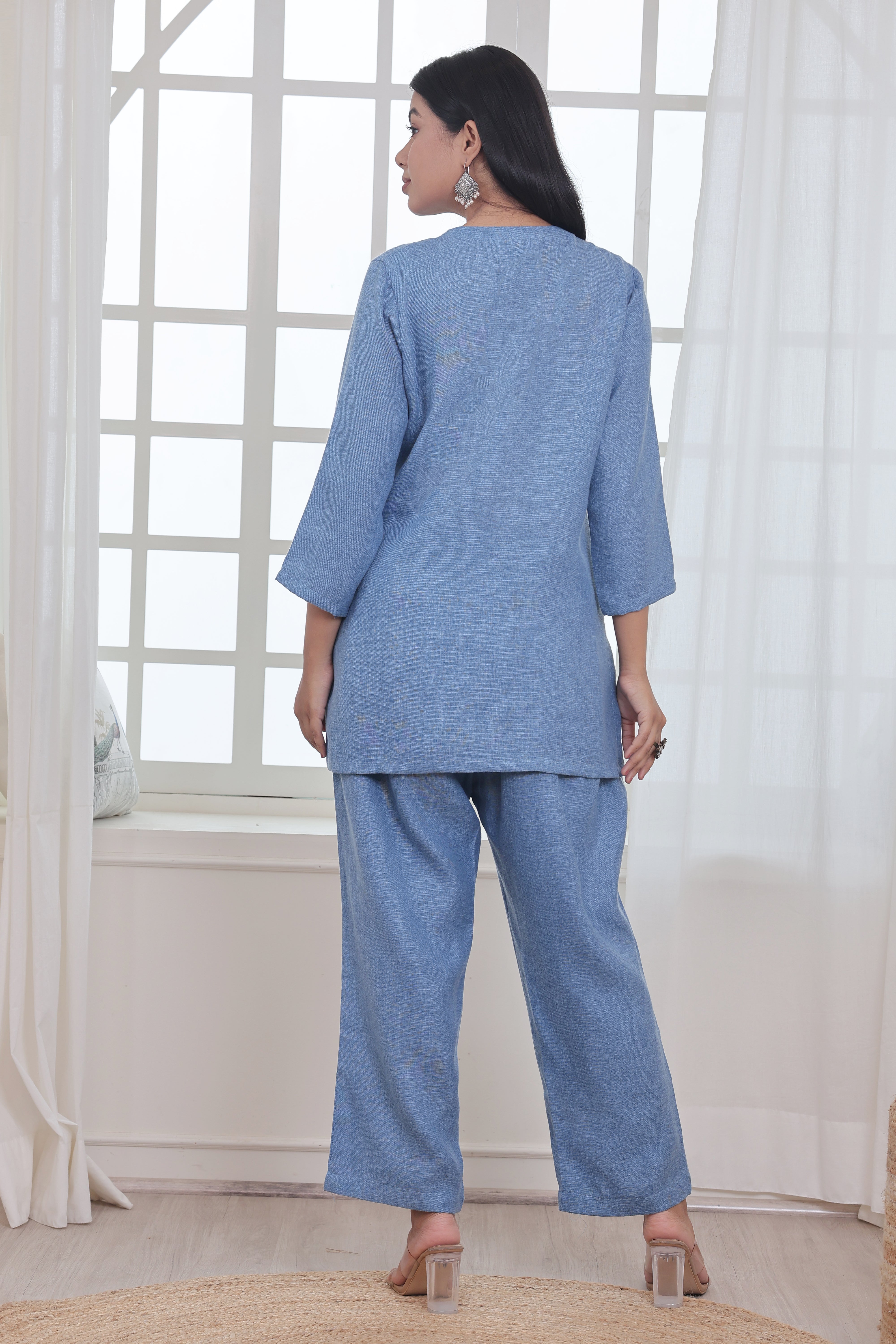 Blue with Beige Embroidery/Appliqué Work Co-ord Set