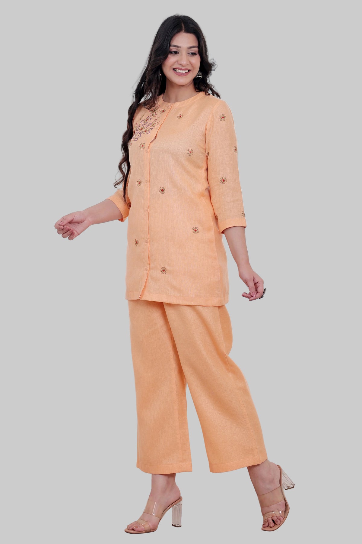 Peach Hand Embroidered Linen Blend Co-ord Set