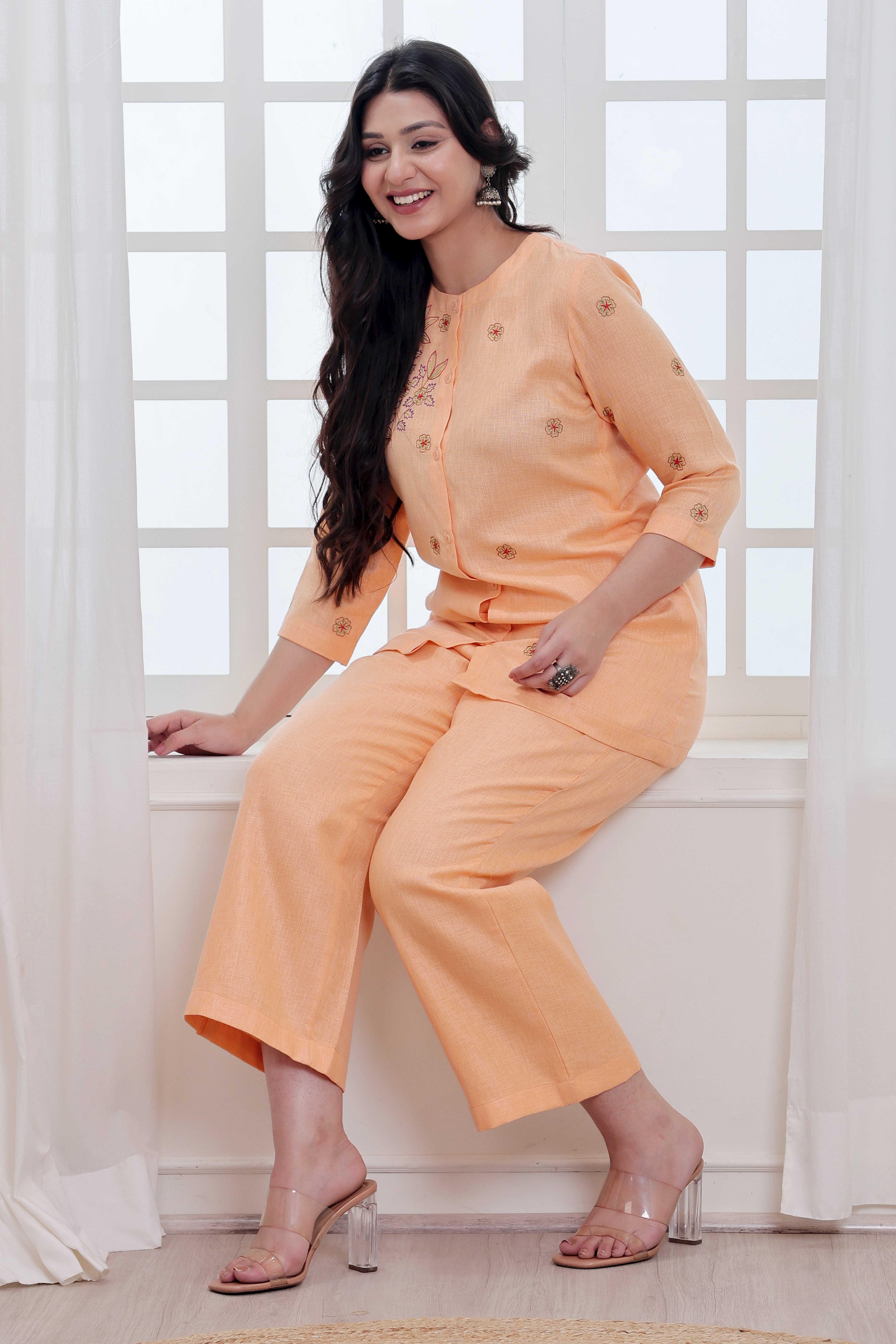 Peach Hand Embroidered Linen Blend Co-ord Set