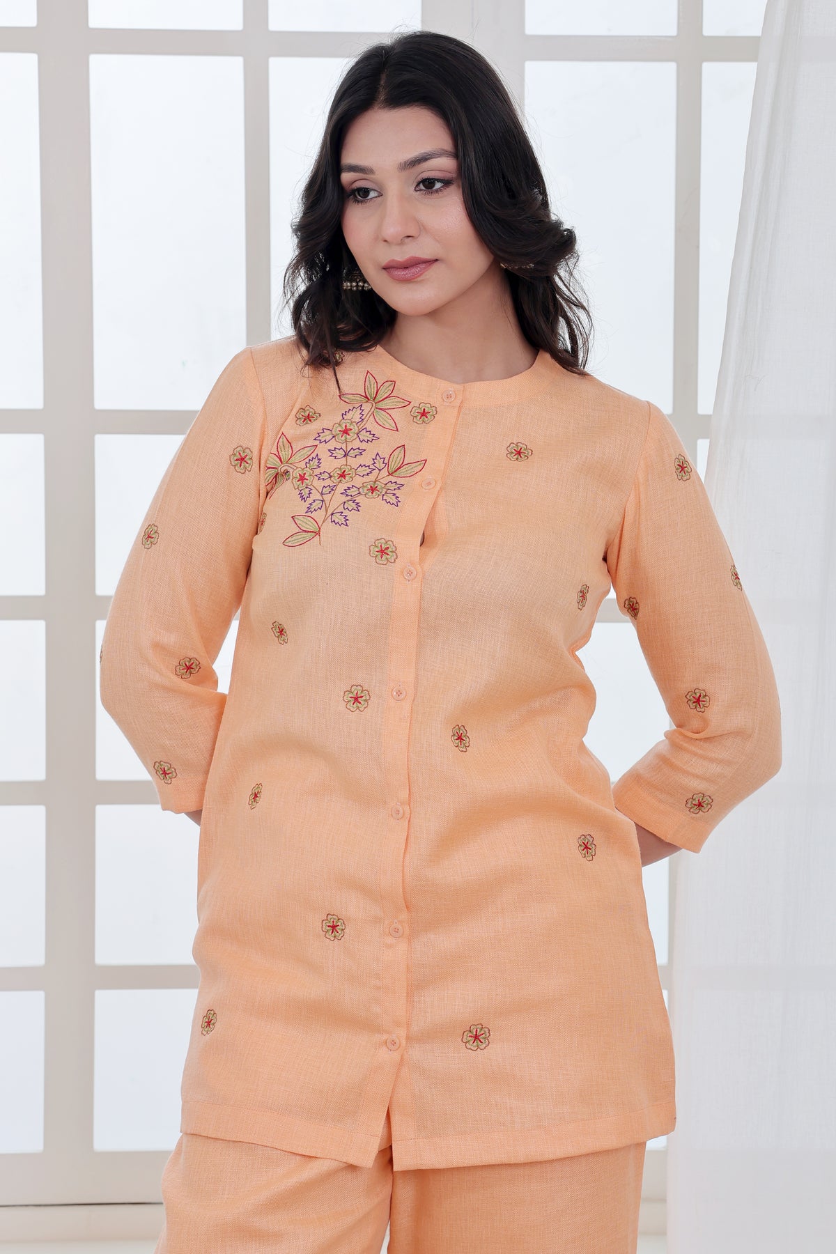 Peach Hand Embroidered Linen Blend Co-ord Set
