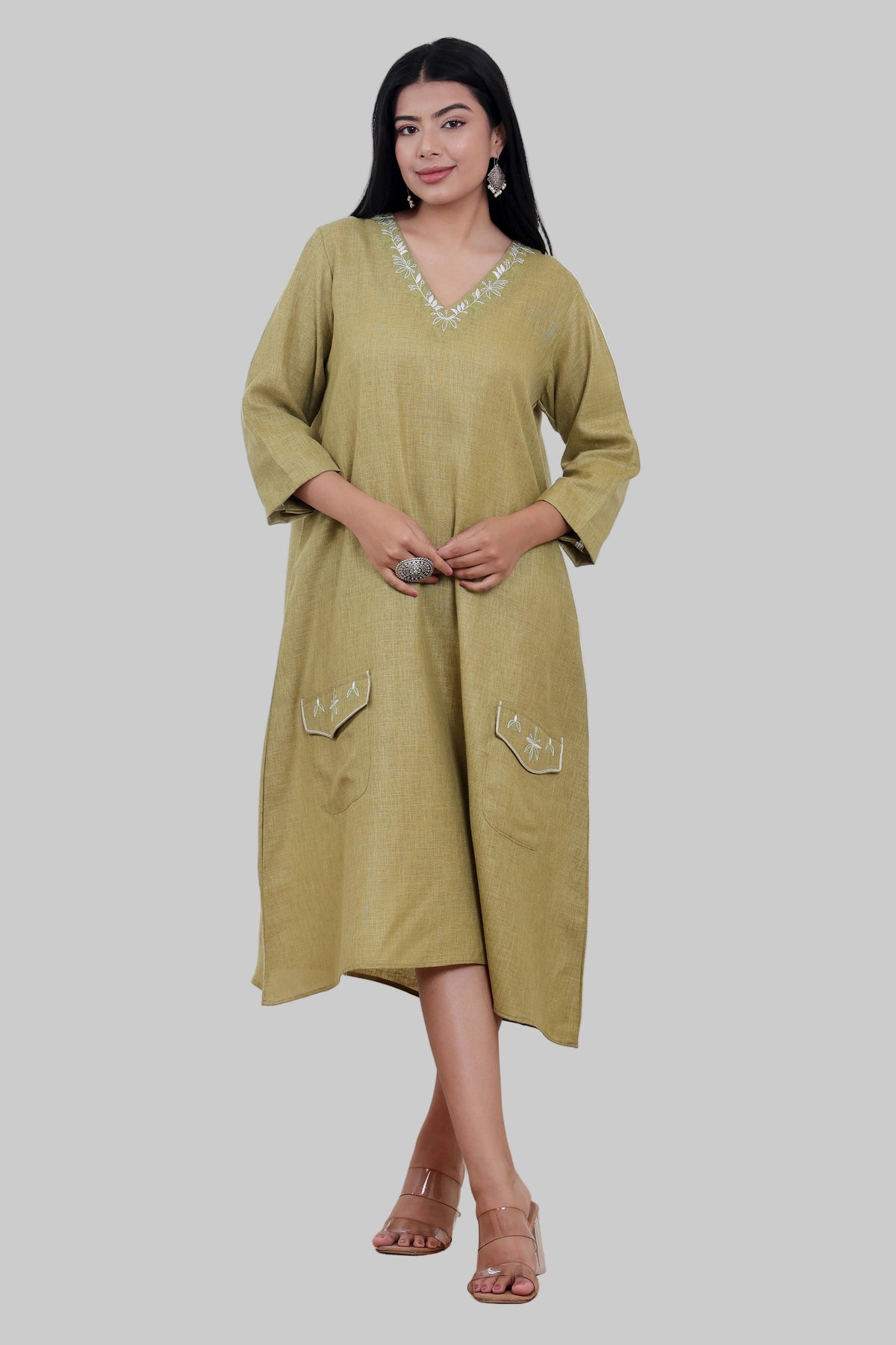 Olive Green Hand Embroidered Linen Blend Dress