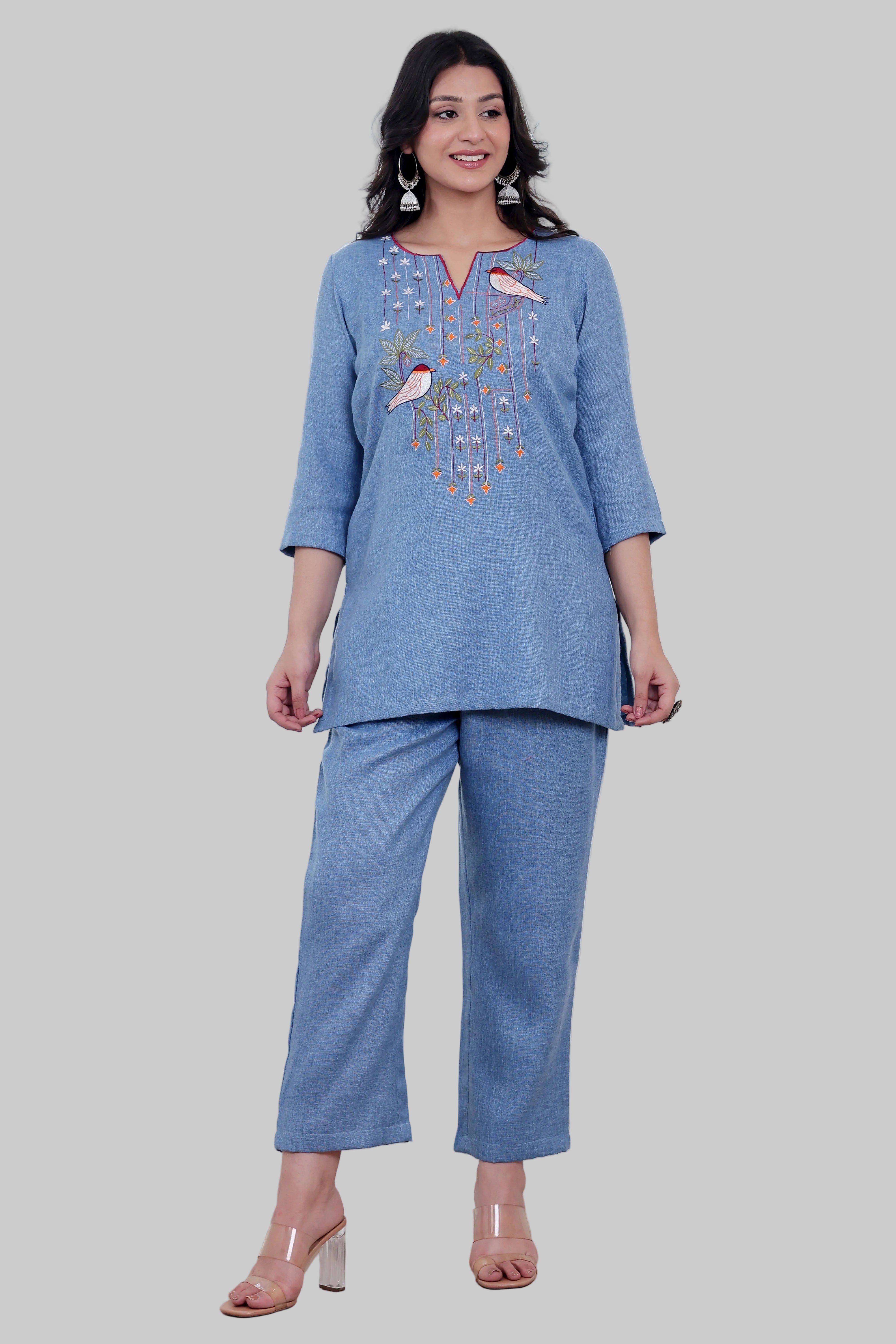 Blue Linen Blend Co-ord Set with Embroidery & Applique Work