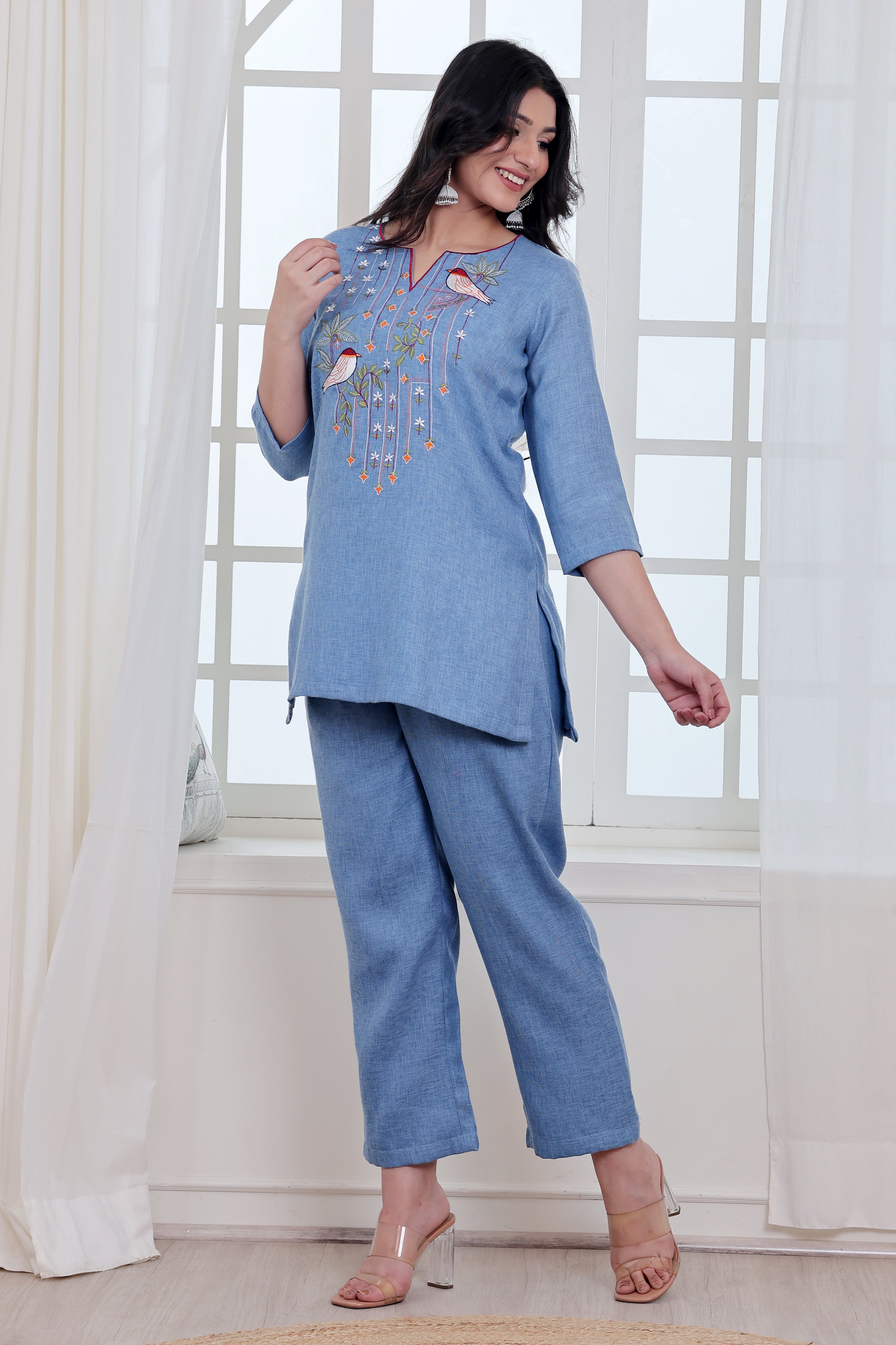 Blue Linen Blend Co-ord Set with Embroidery & Applique Work