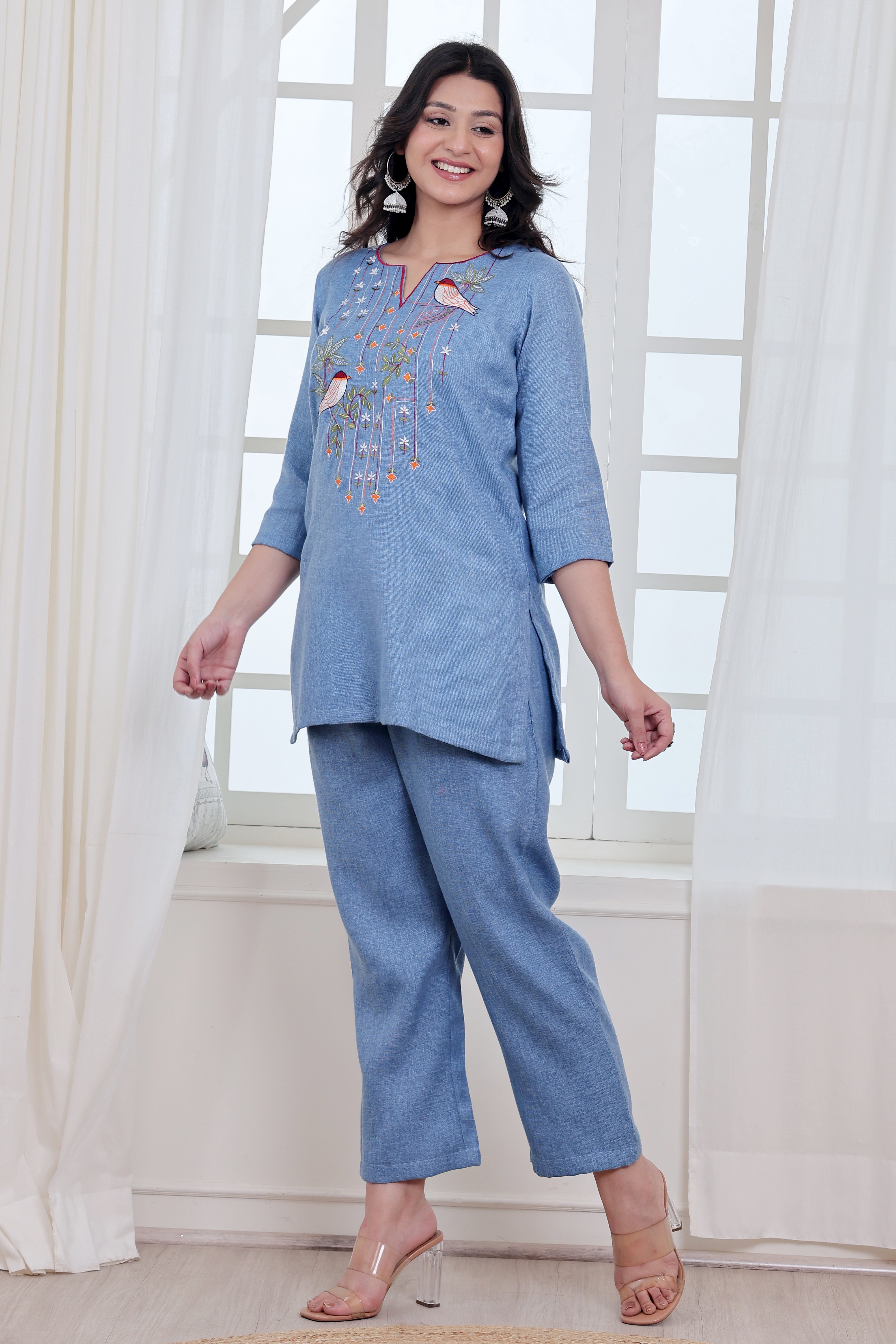 Blue Linen Blend Co-ord Set with Embroidery & Applique Work