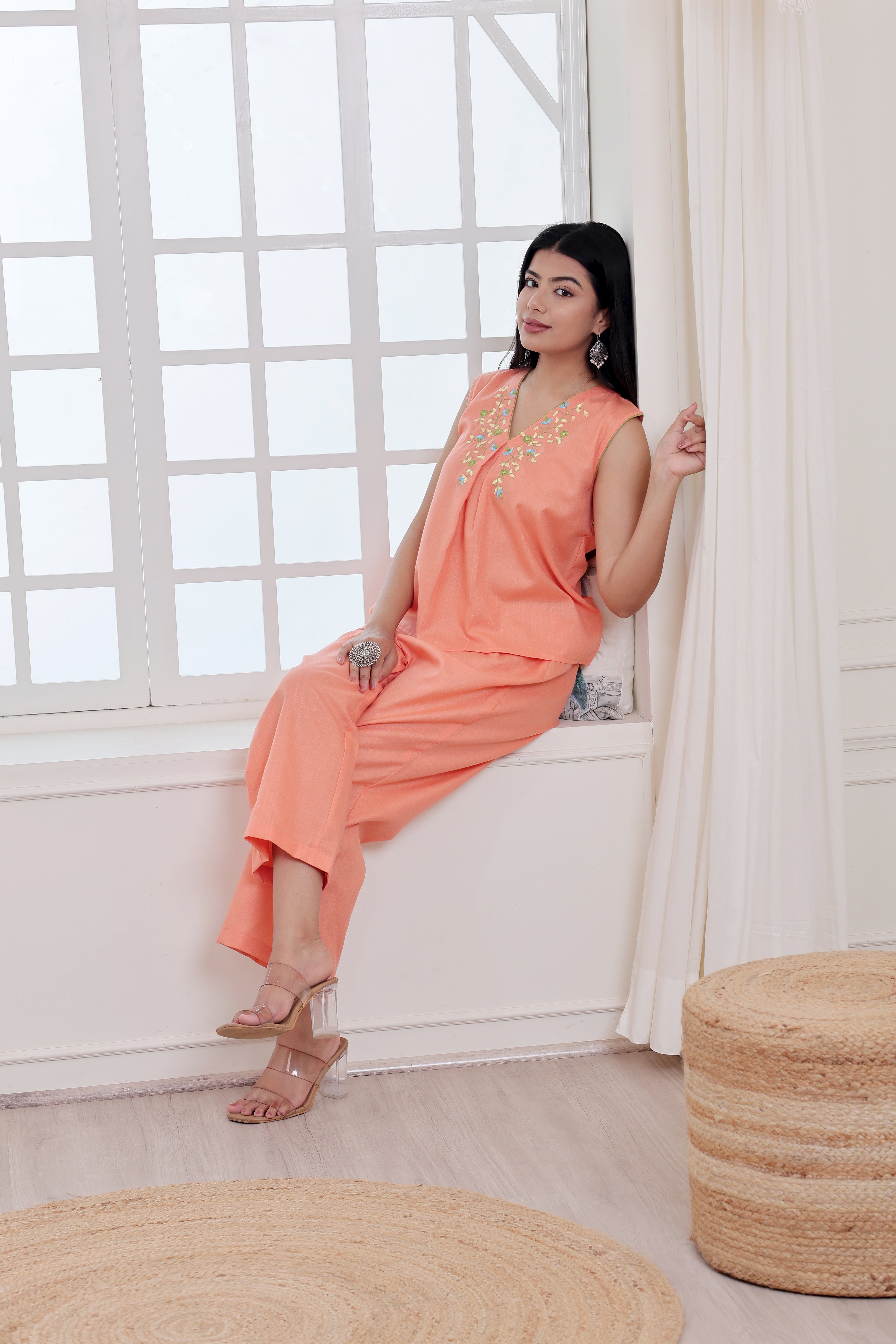 Soft Coral Peach Hand Embroidered Linen Blend Co-ord Set