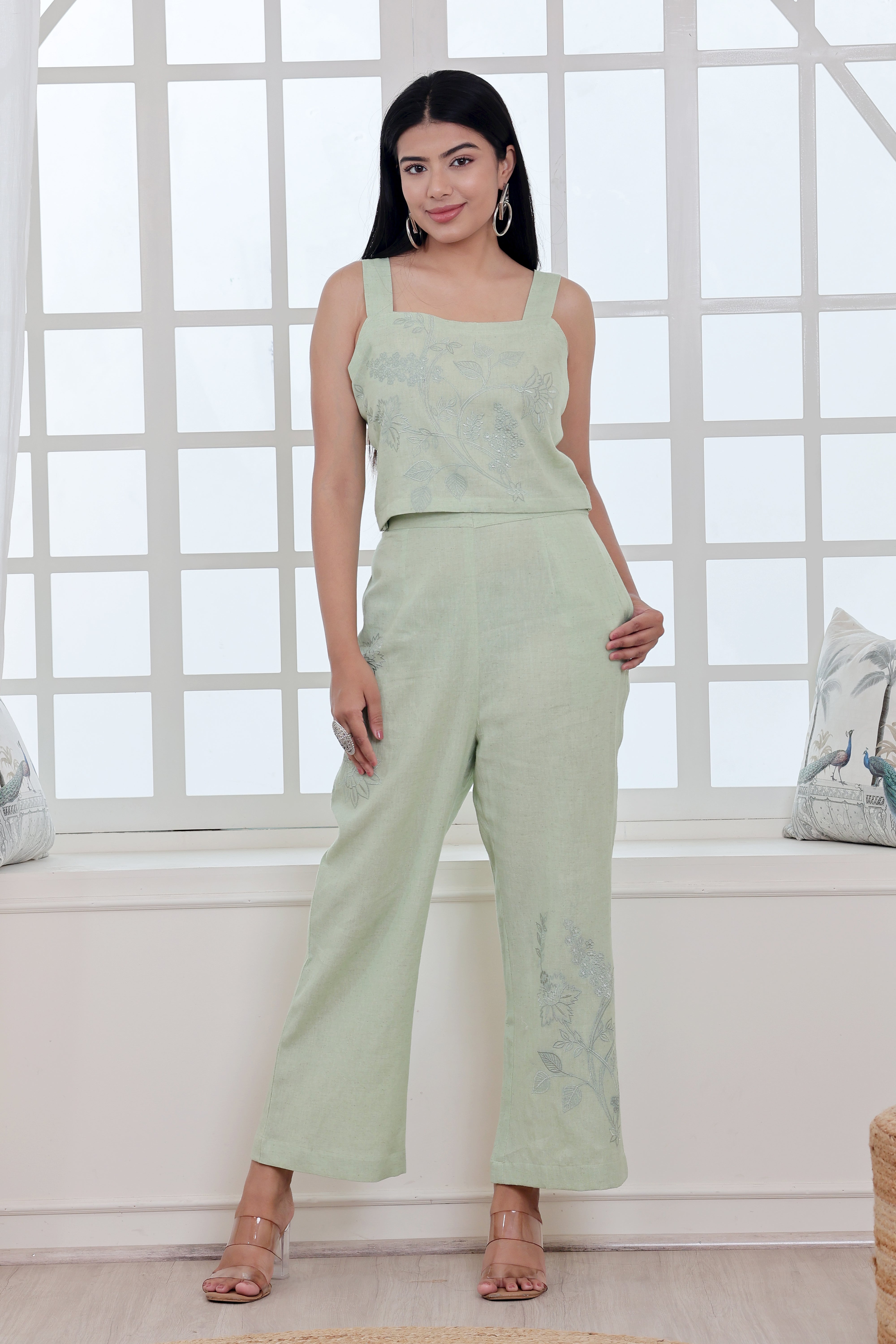 Pista Green Handwoven Khadi Co-ord Set with Tonal Embroidery