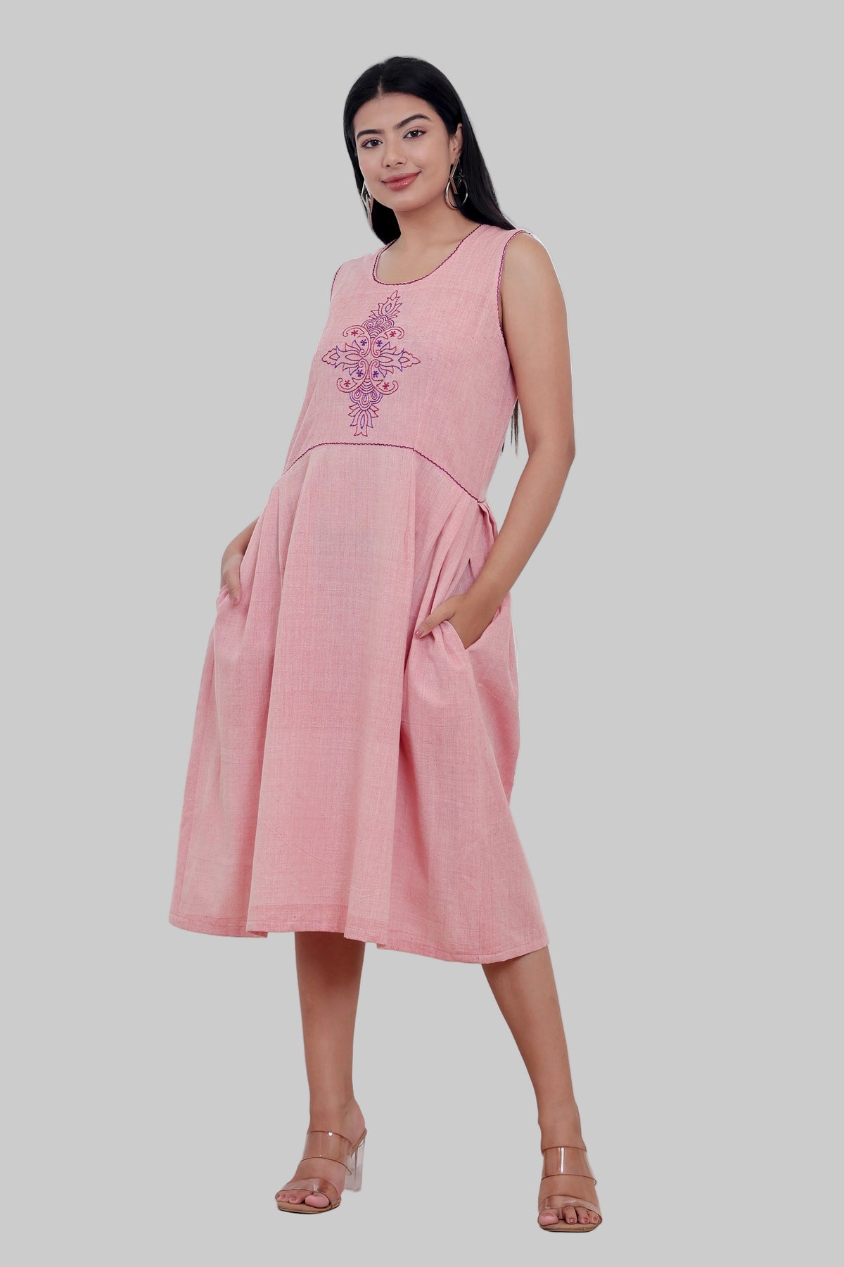 Blush Pink Handwoven Khadi Sleeveless Dress with Hand Embroidery