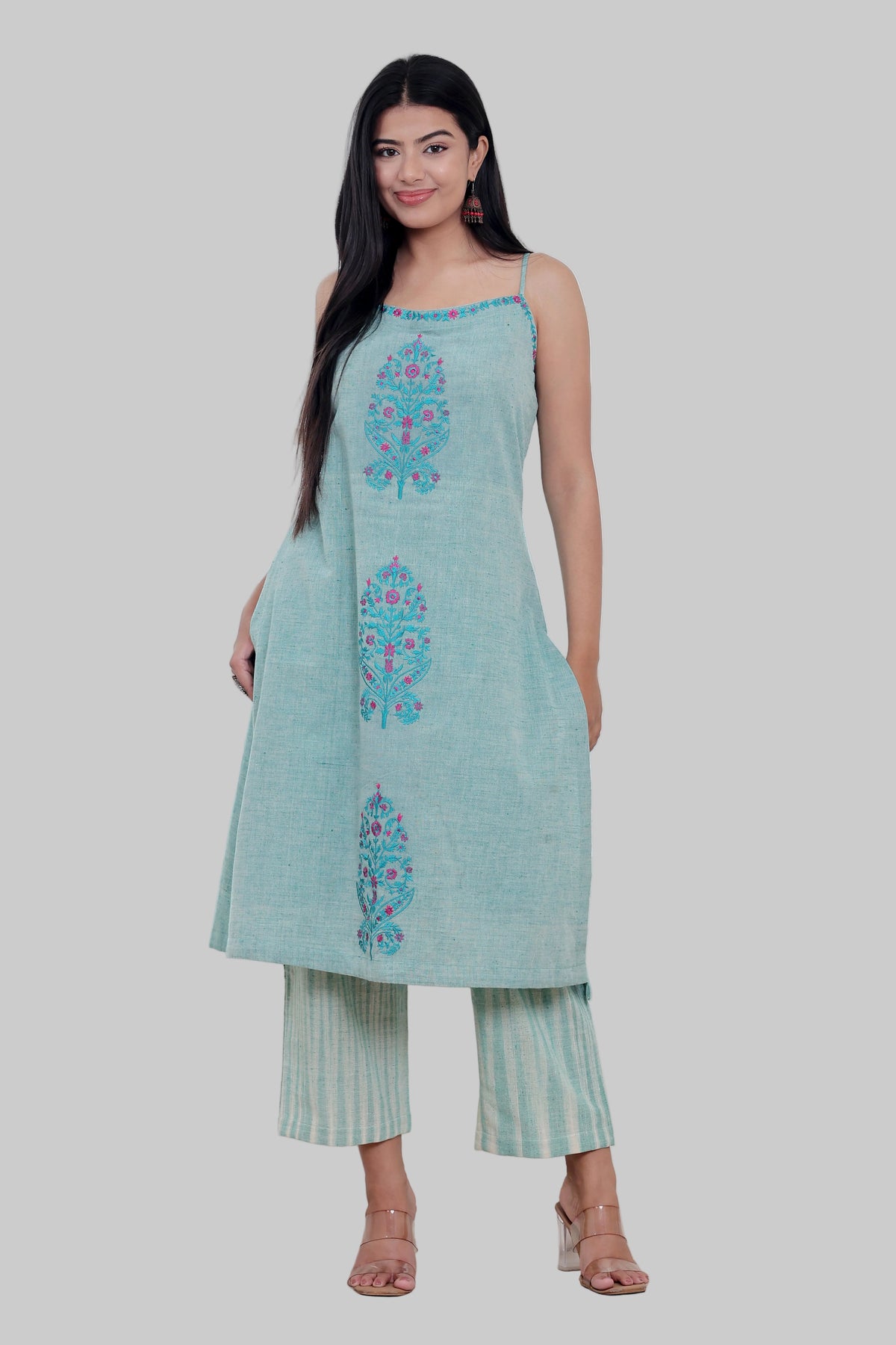 Sage Green Handwoven Khadi Kurta  Set with Floral Embroidery