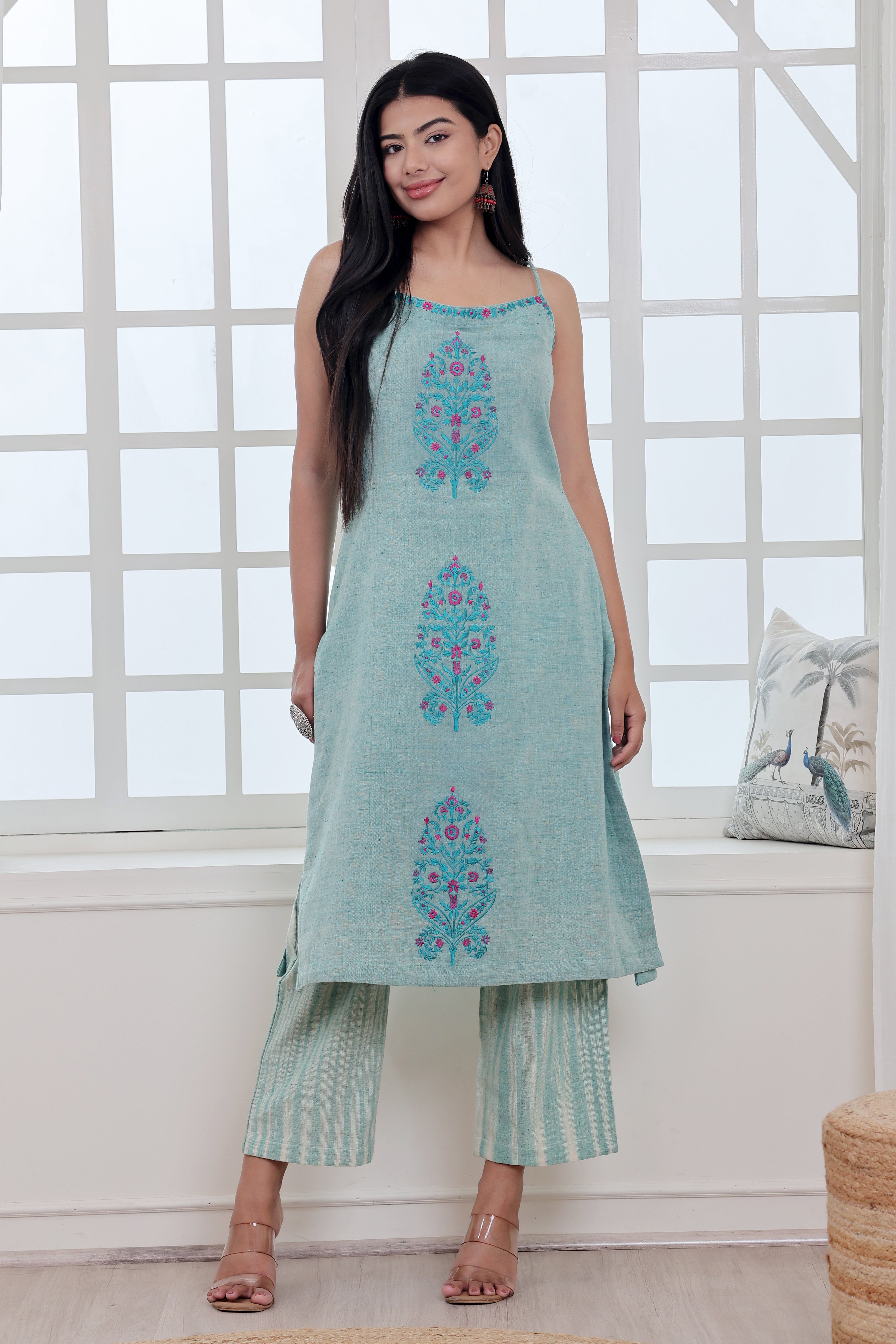 Sage Green Handwoven Khadi Kurta  Set with Floral Embroidery