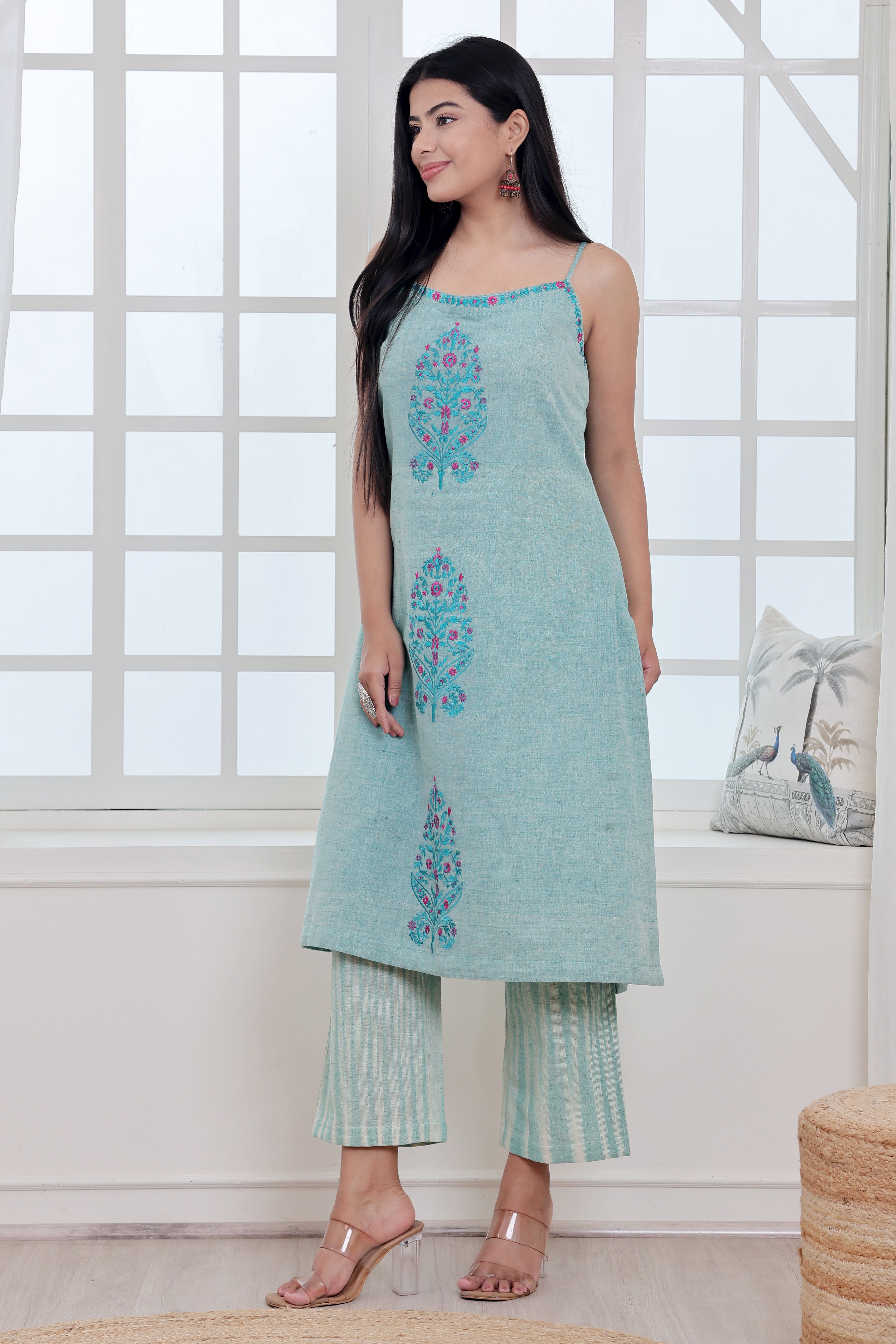 Sage Green Handwoven Khadi Kurta  Set with Floral Embroidery