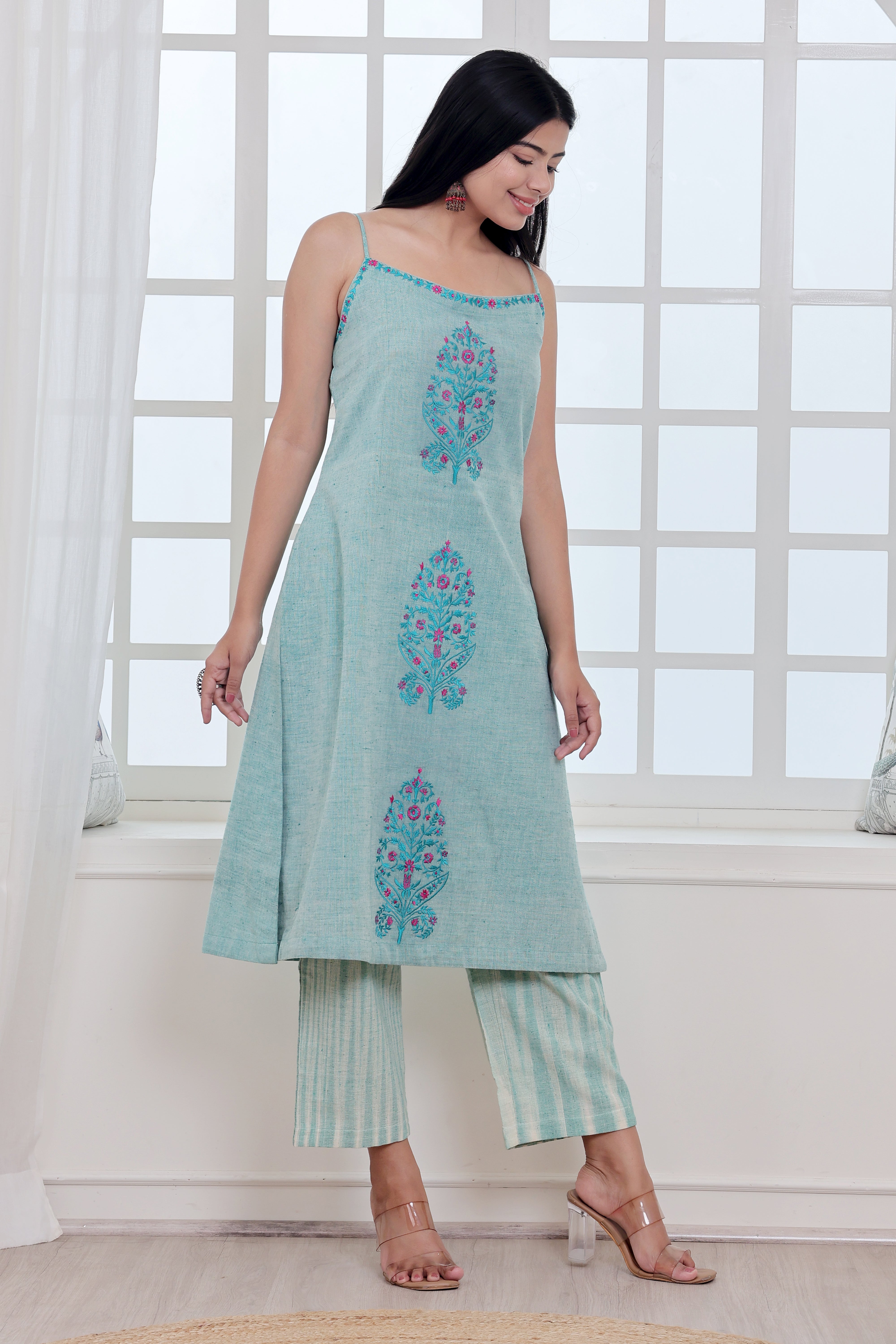 Sage Green Handwoven Khadi Kurta  Set with Floral Embroidery