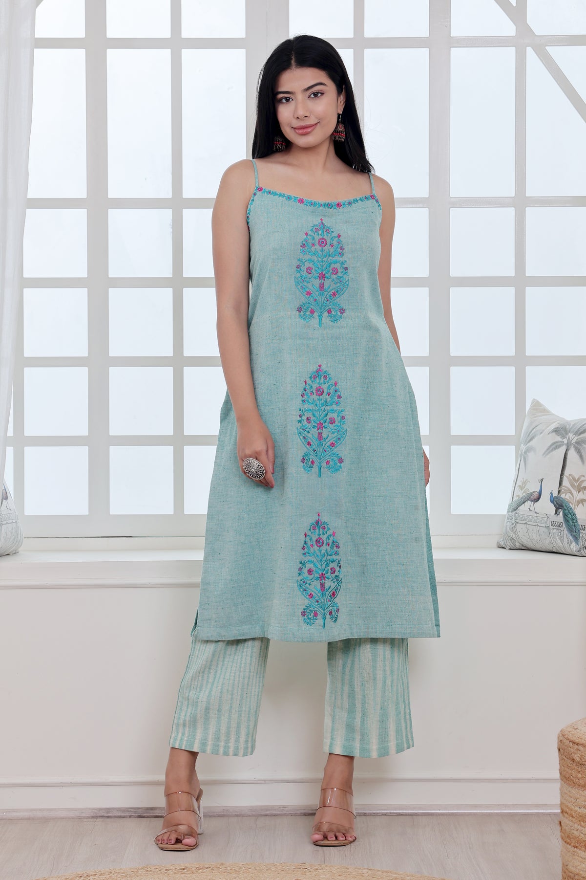 Sage Green Handwoven Khadi Kurta  Set with Floral Embroidery