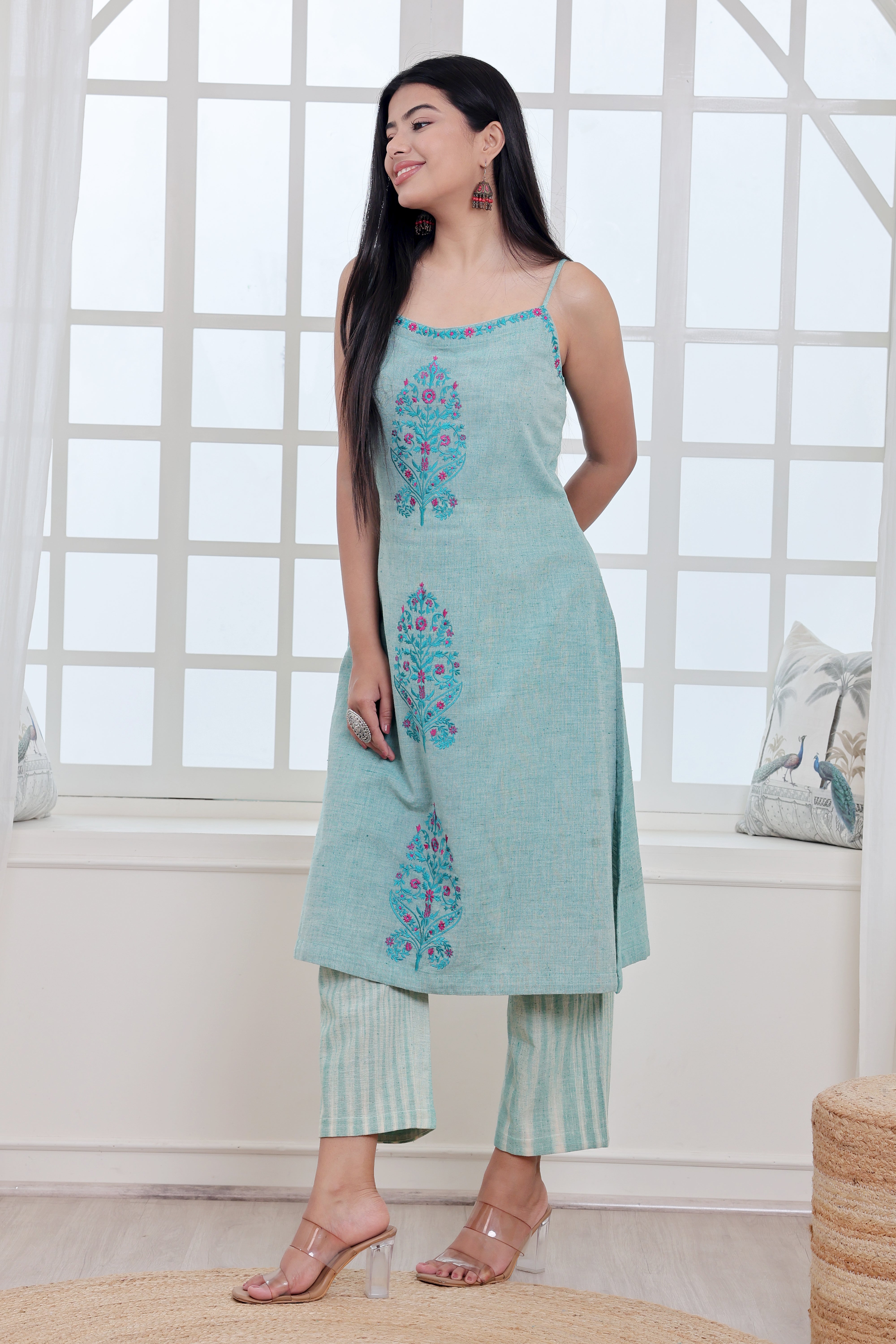 Sage Green Handwoven Khadi Kurta  Set with Floral Embroidery