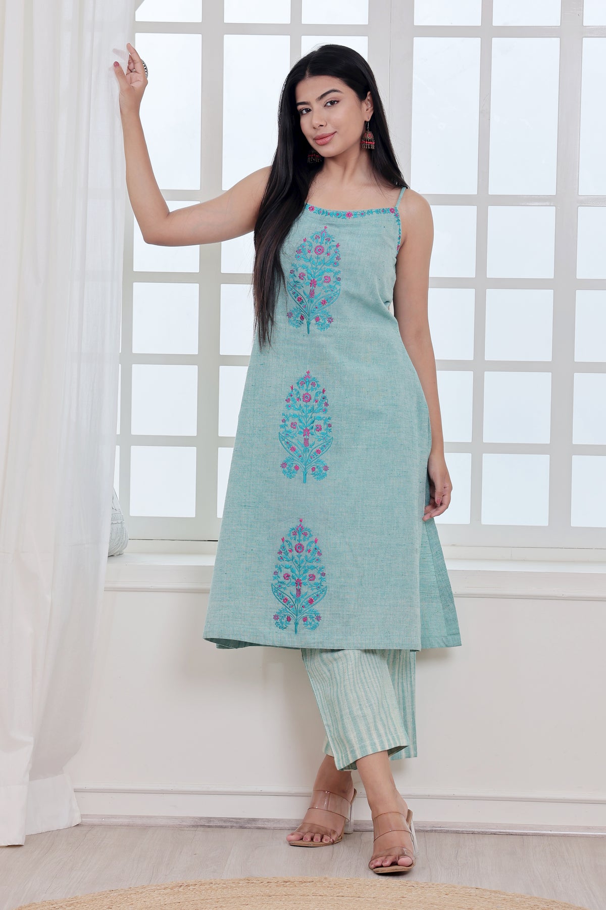 Sage Green Handwoven Khadi Kurta  Set with Floral Embroidery