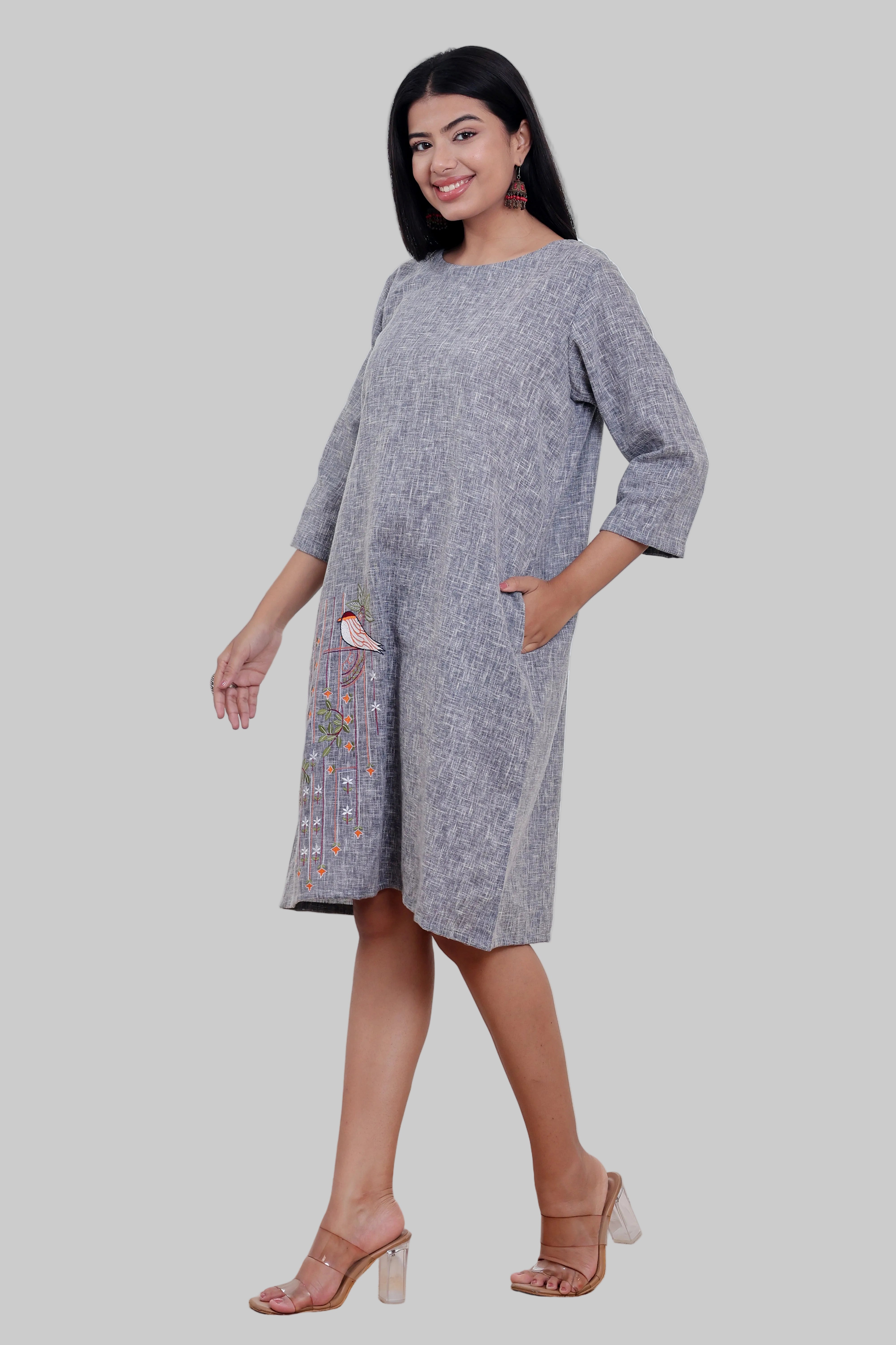 Bluish Grey Linen Blend Tunic Dress with Embroidery & Applique Work