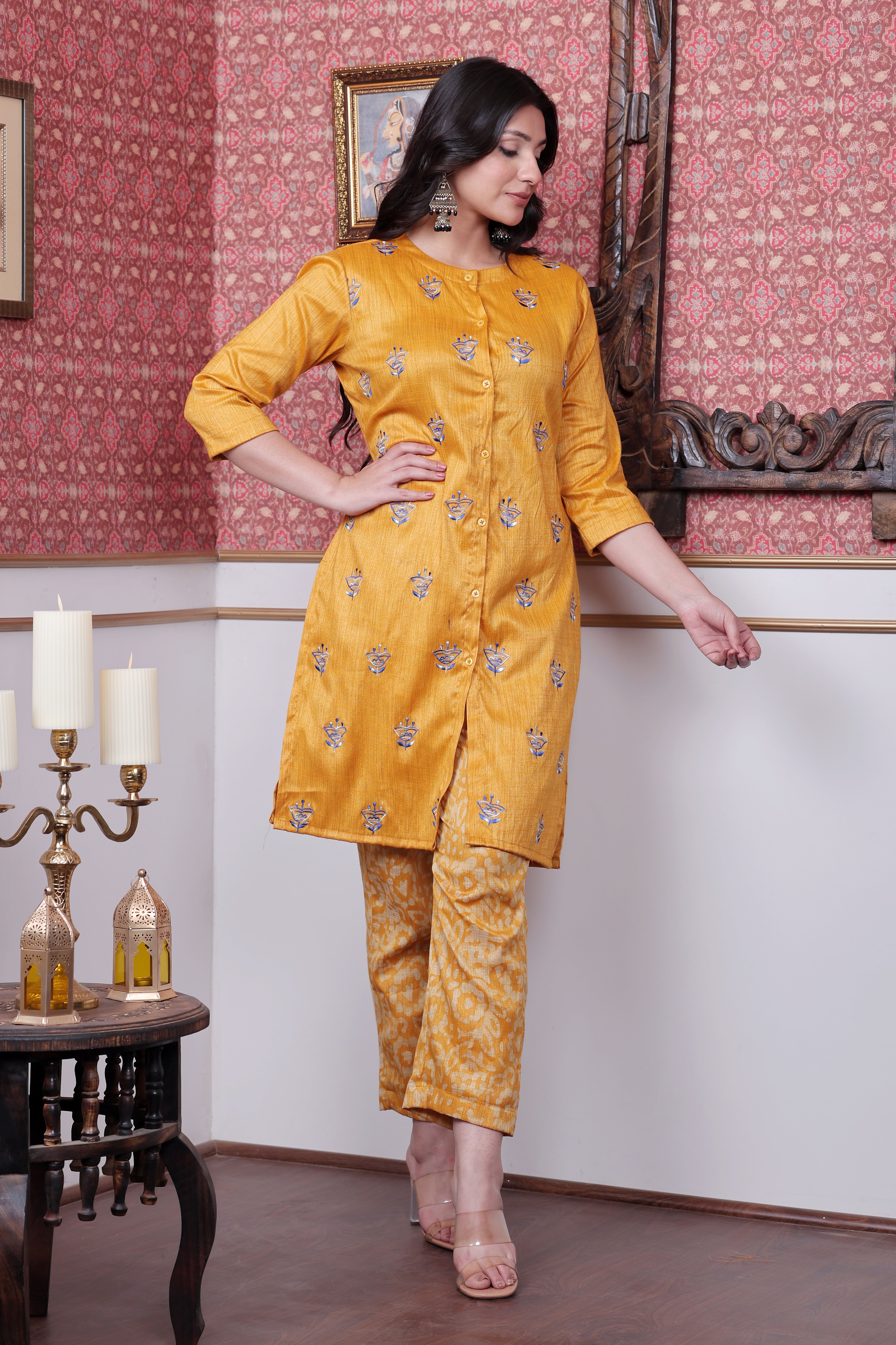 Mustard Handloom Printed Kurta Set with Hand Embroidered Motifs