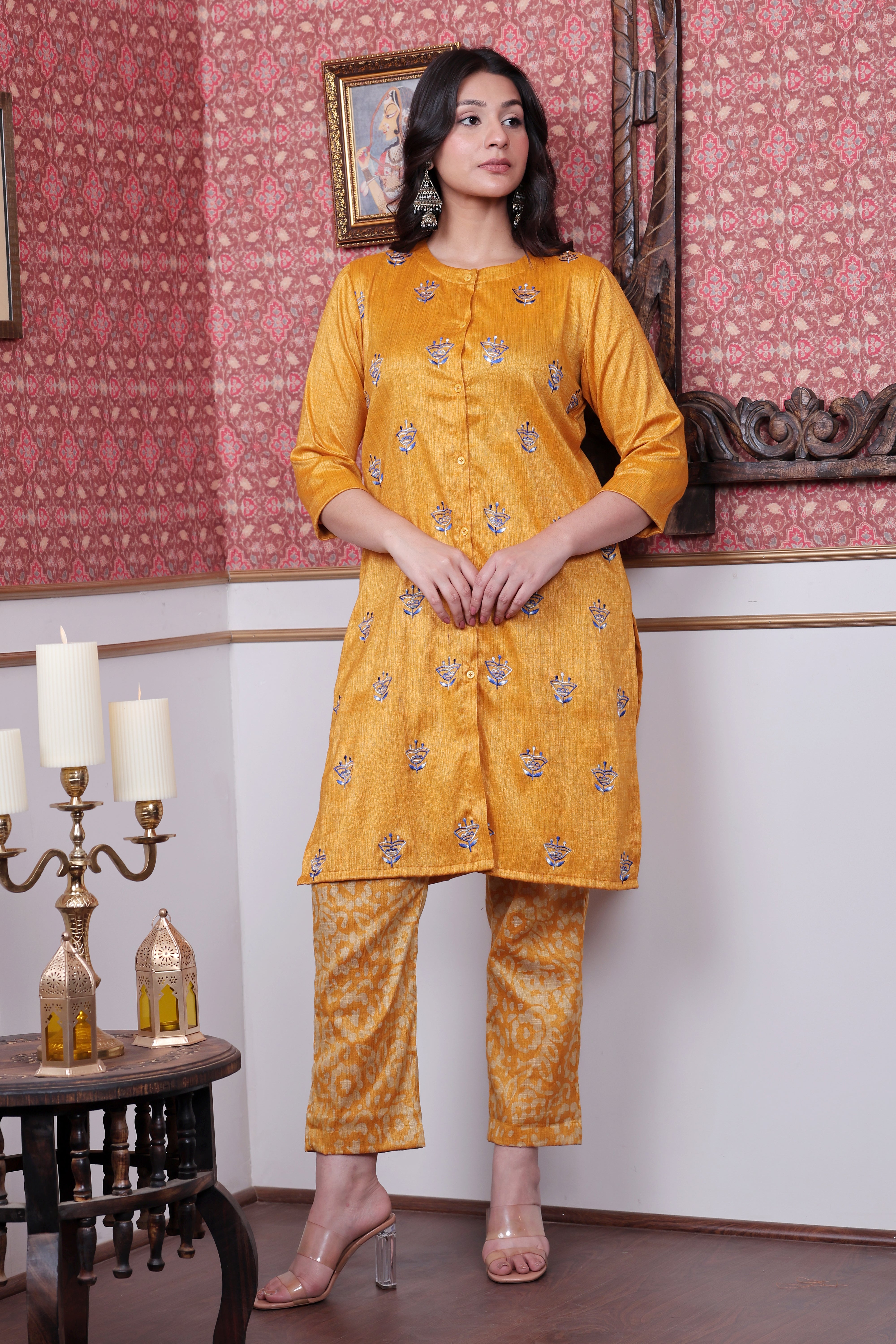 Mustard Handloom Printed Kurta Set with Hand Embroidered Motifs