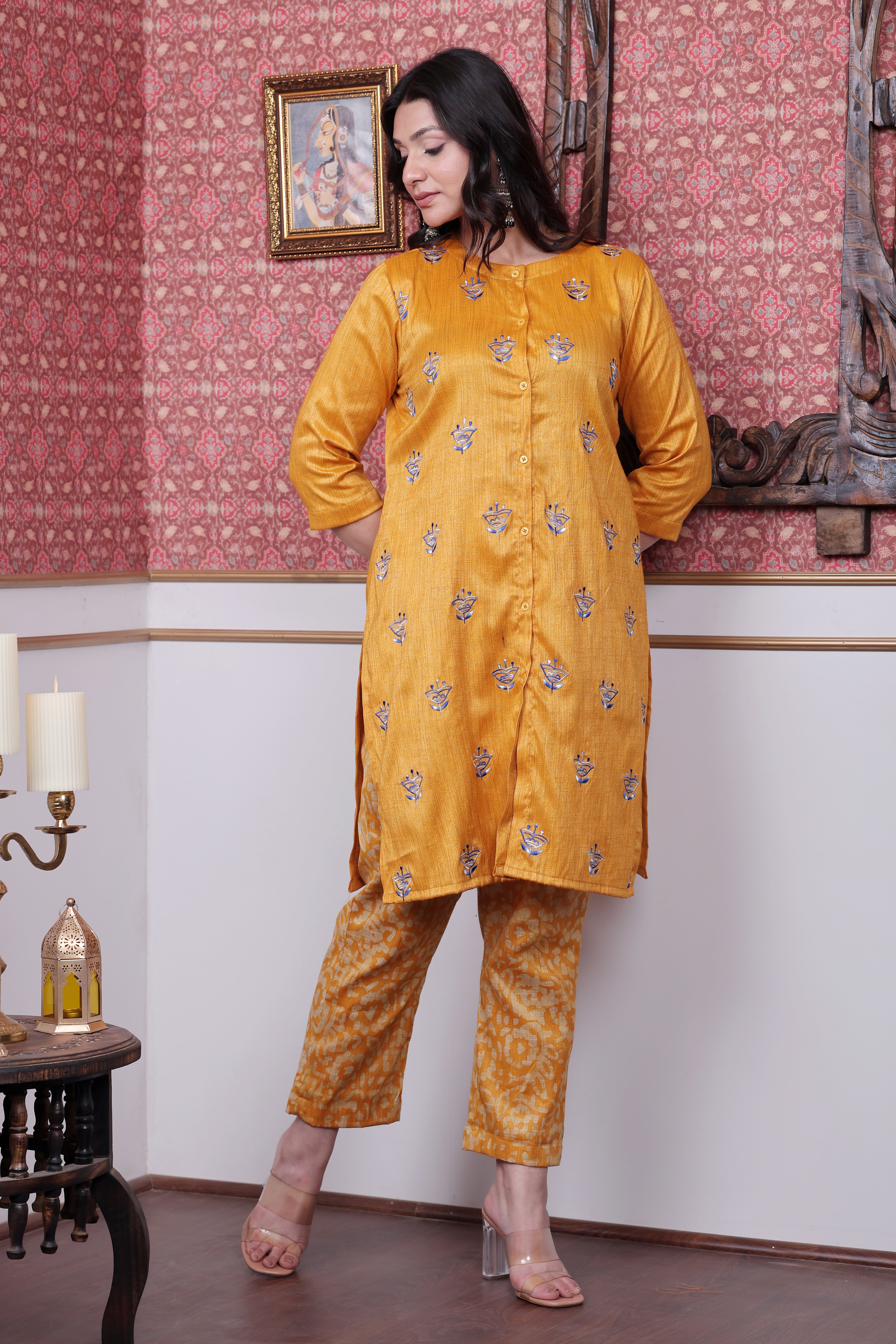 Mustard Handloom Printed Kurta Set with Hand Embroidered Motifs