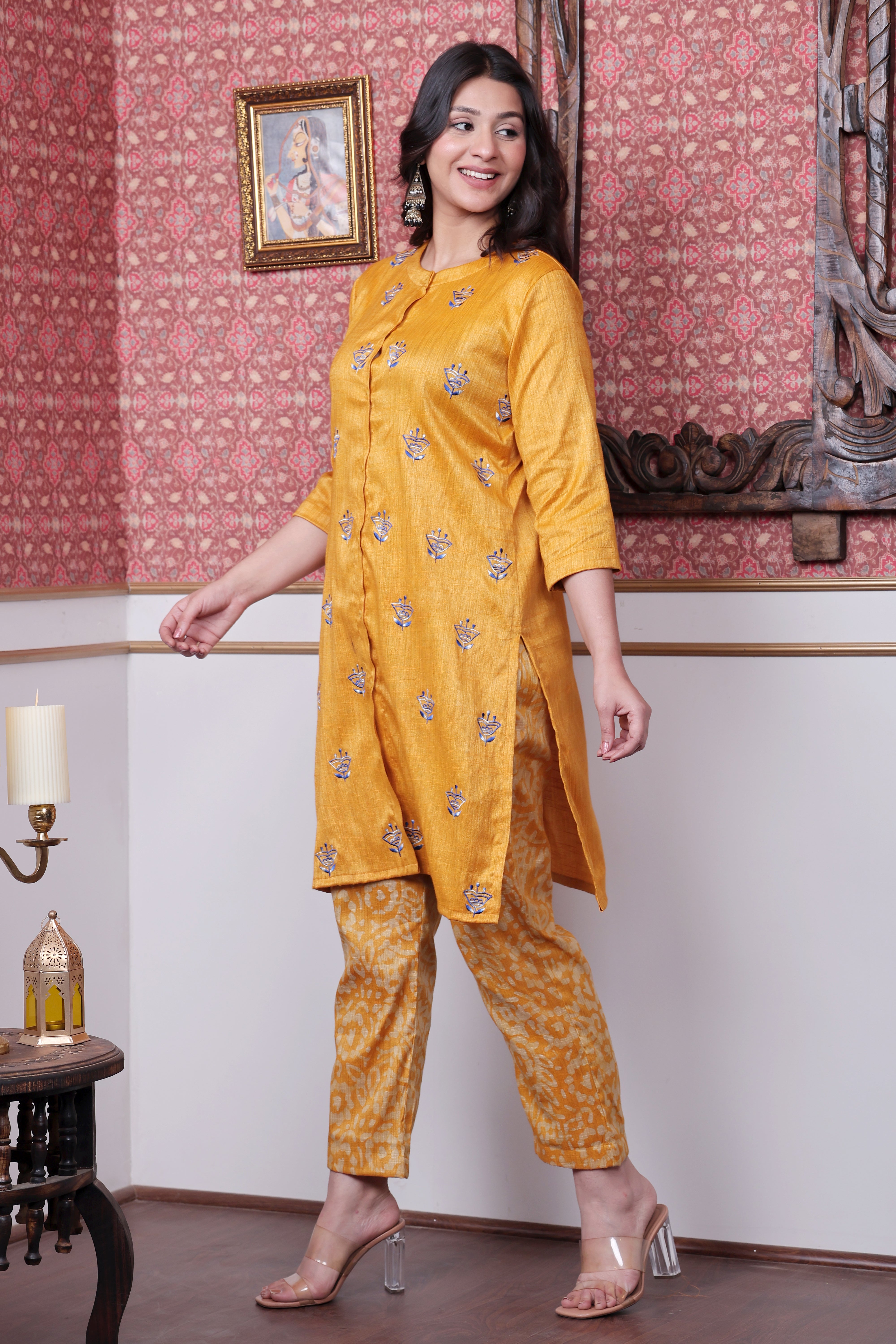Mustard Handloom Printed Kurta Set with Hand Embroidered Motifs