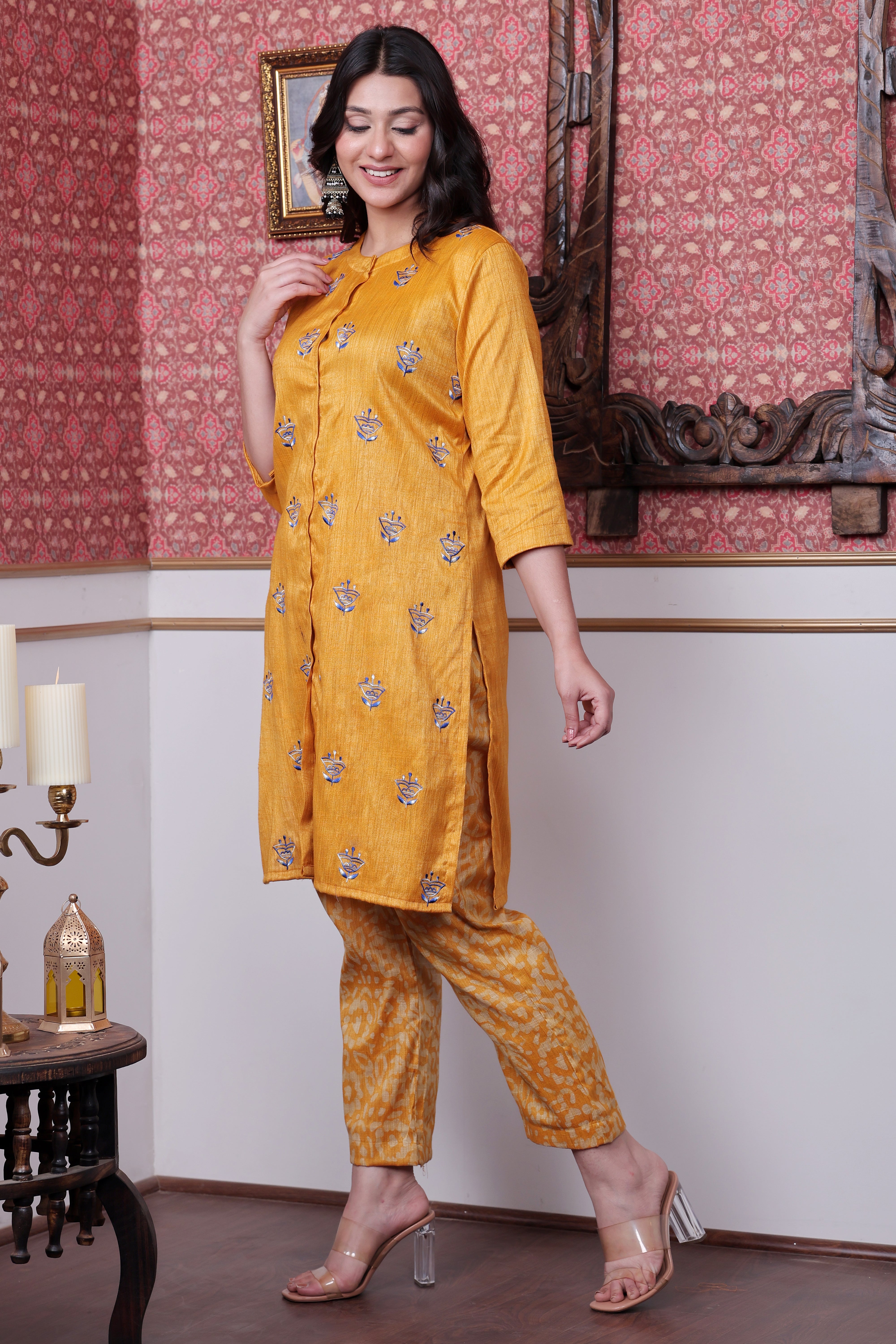 Mustard Handloom Printed Kurta Set with Hand Embroidered Motifs