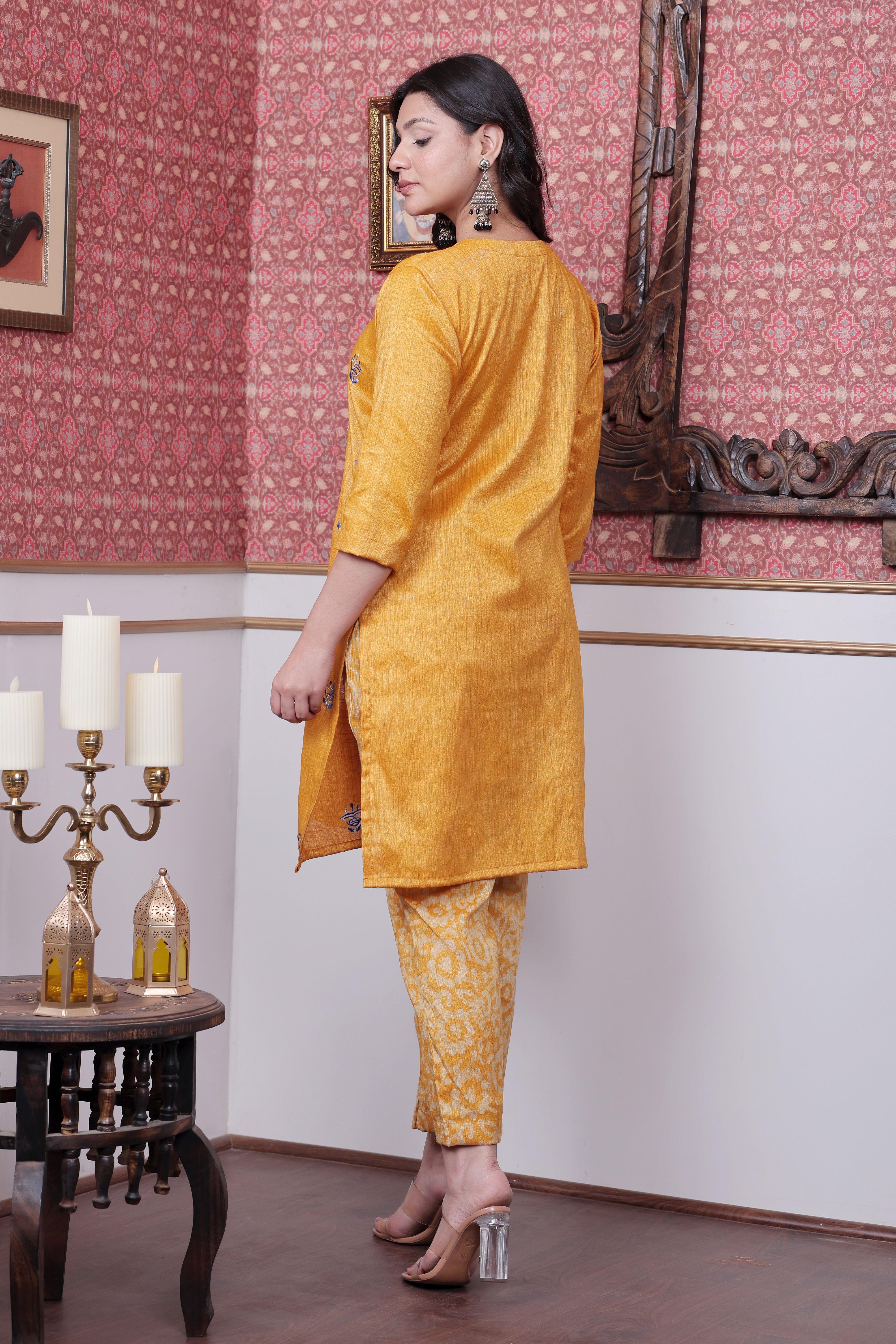 Mustard Handloom Printed Kurta Set with Hand Embroidered Motifs
