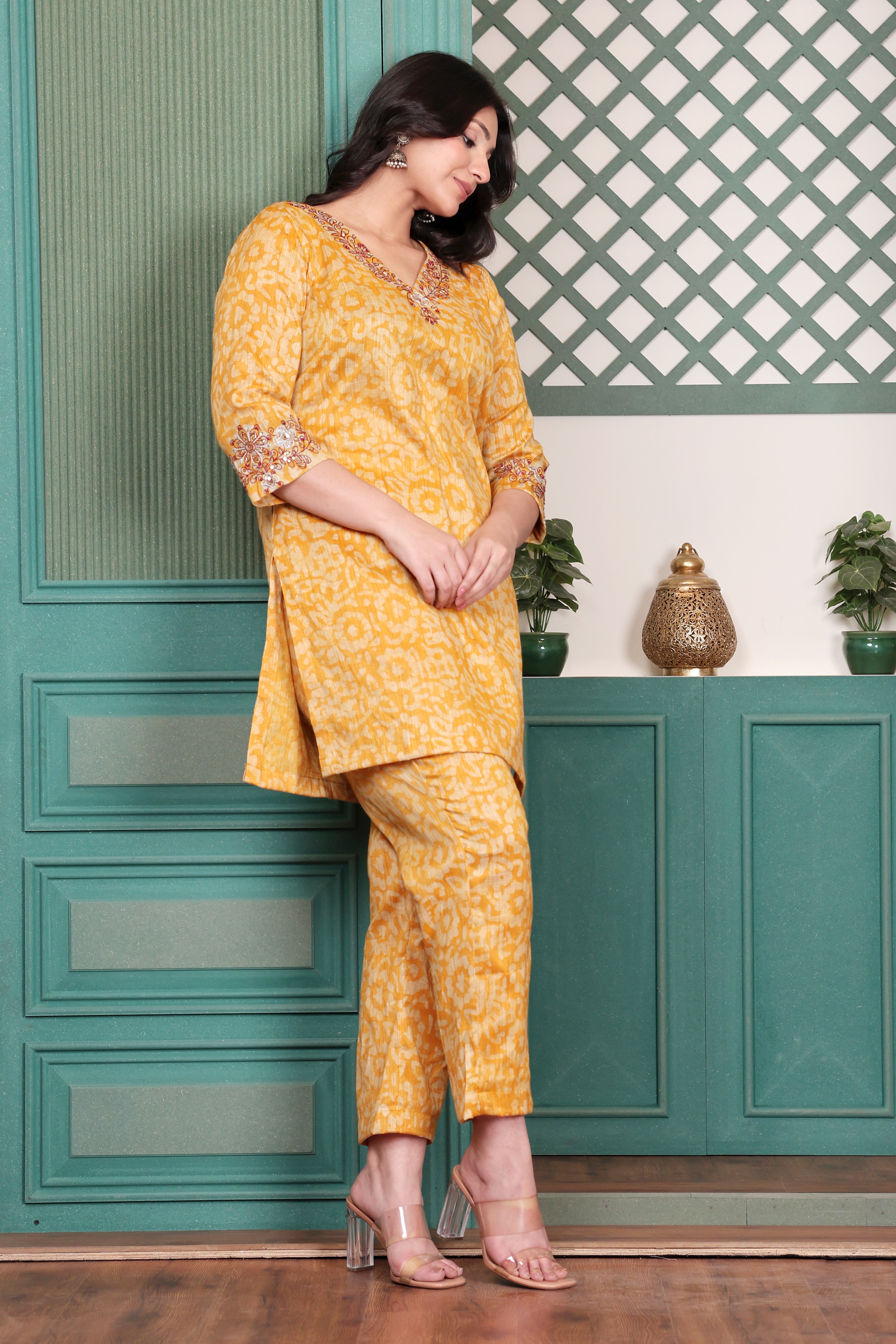 Mustard Handloom Kurta Set with Hand Embroidery