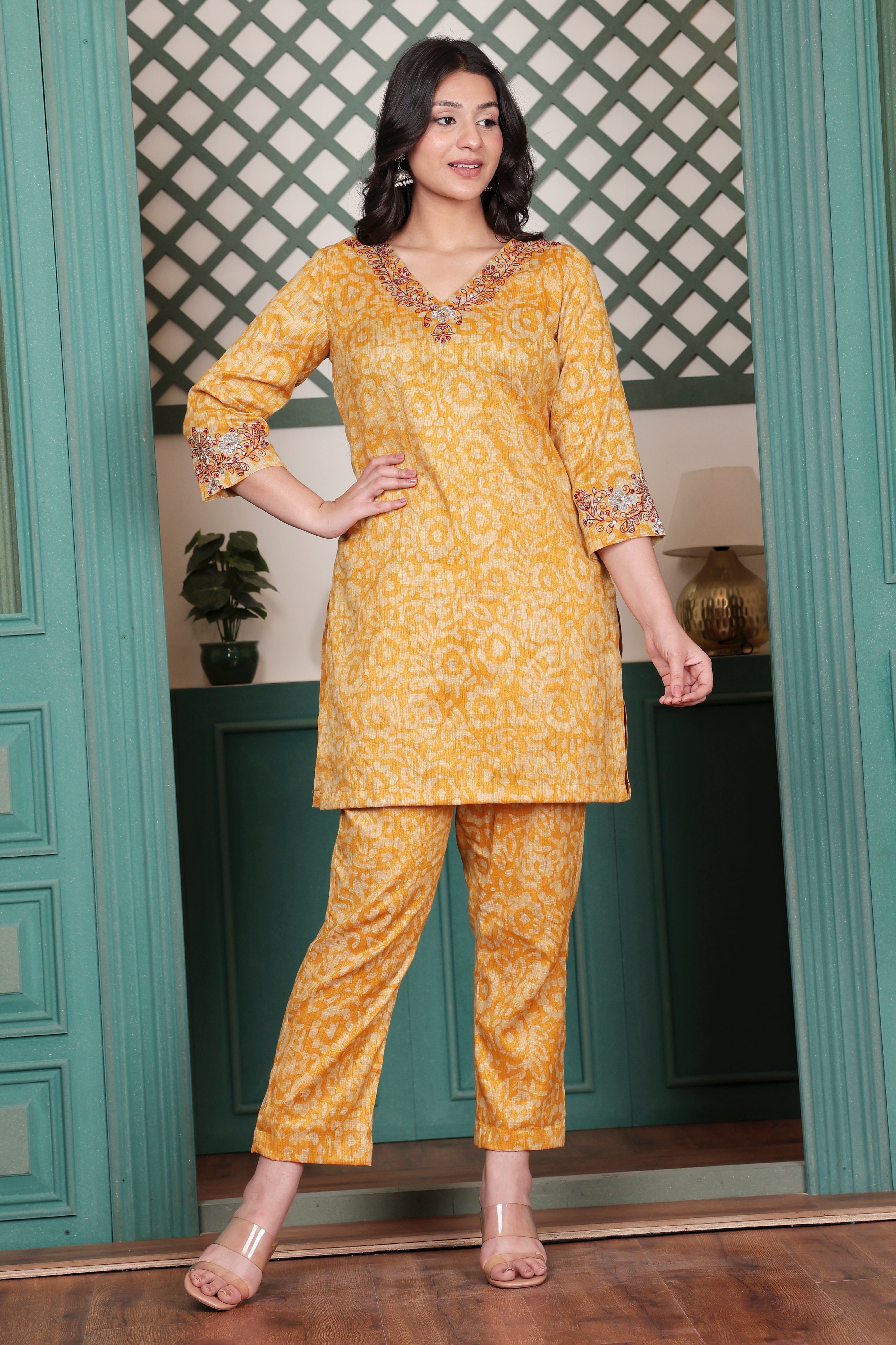 Mustard Handloom Kurta Set with Hand Embroidery