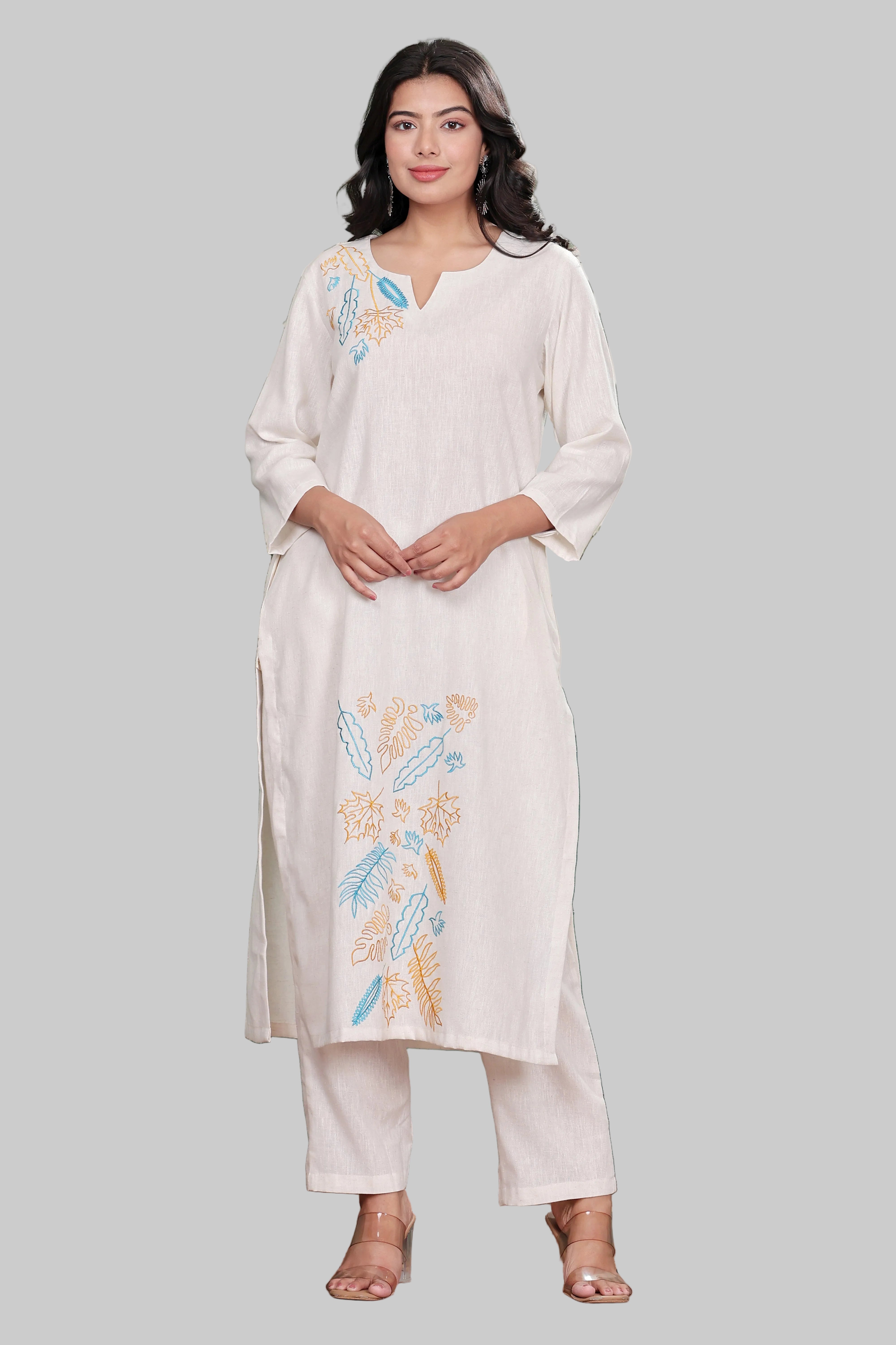 Off White Handloom Kurta Set with Floral Embroidery