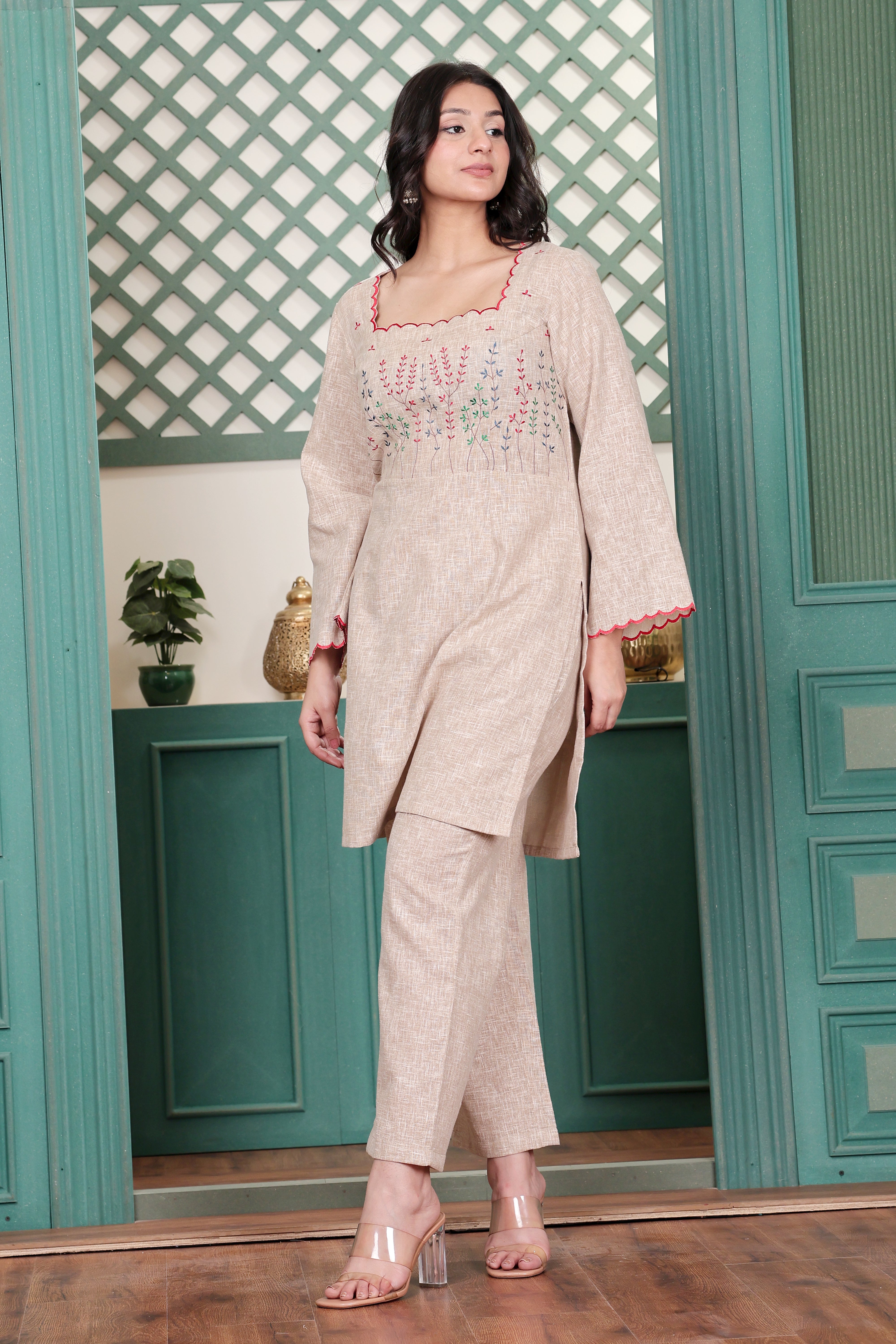 Beige Linen Blend Kurta Set with Floral Motif Embroidery