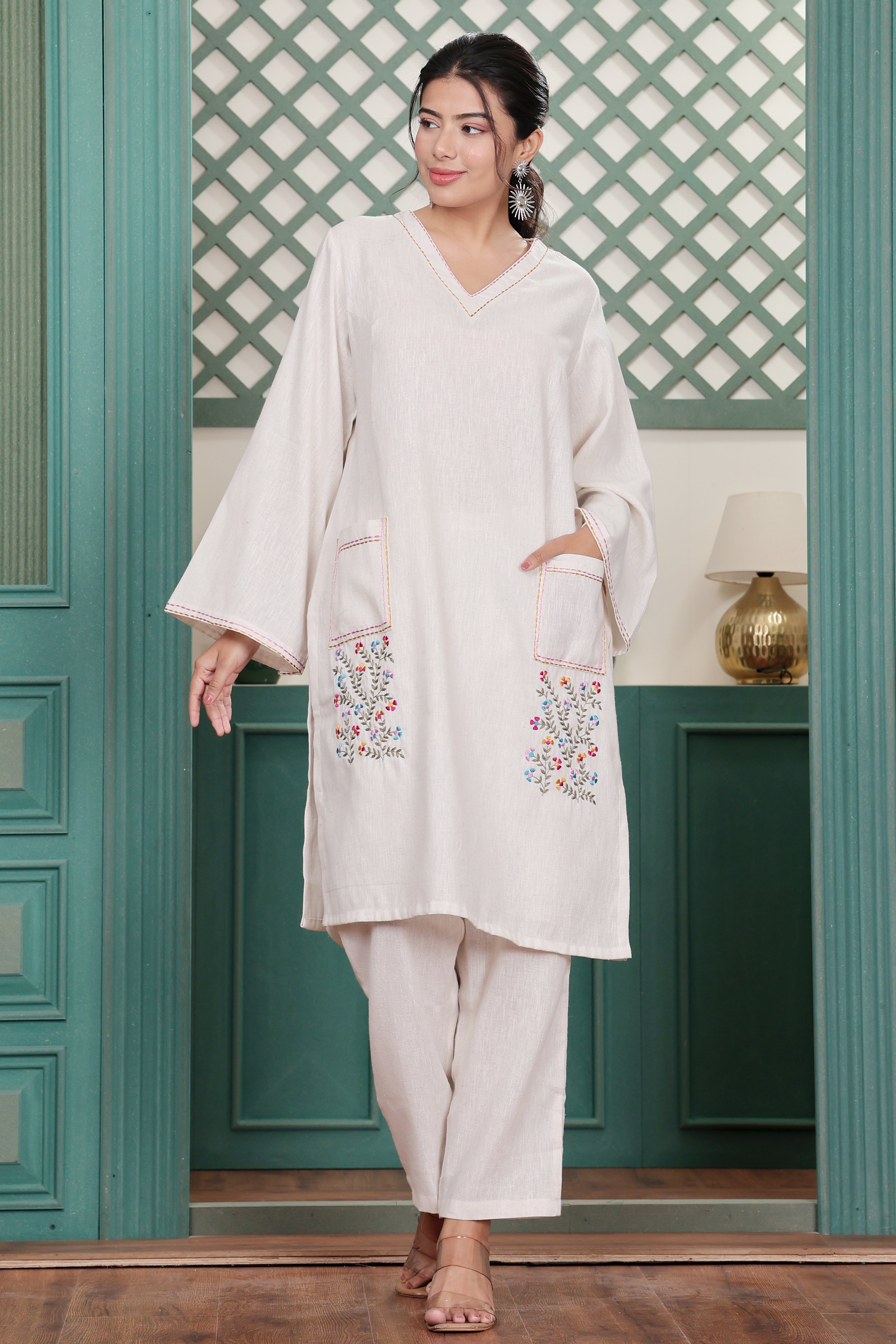 Off White Cotton linen Handloom Kurta Dress with Hand Embroidery & Front Pockets