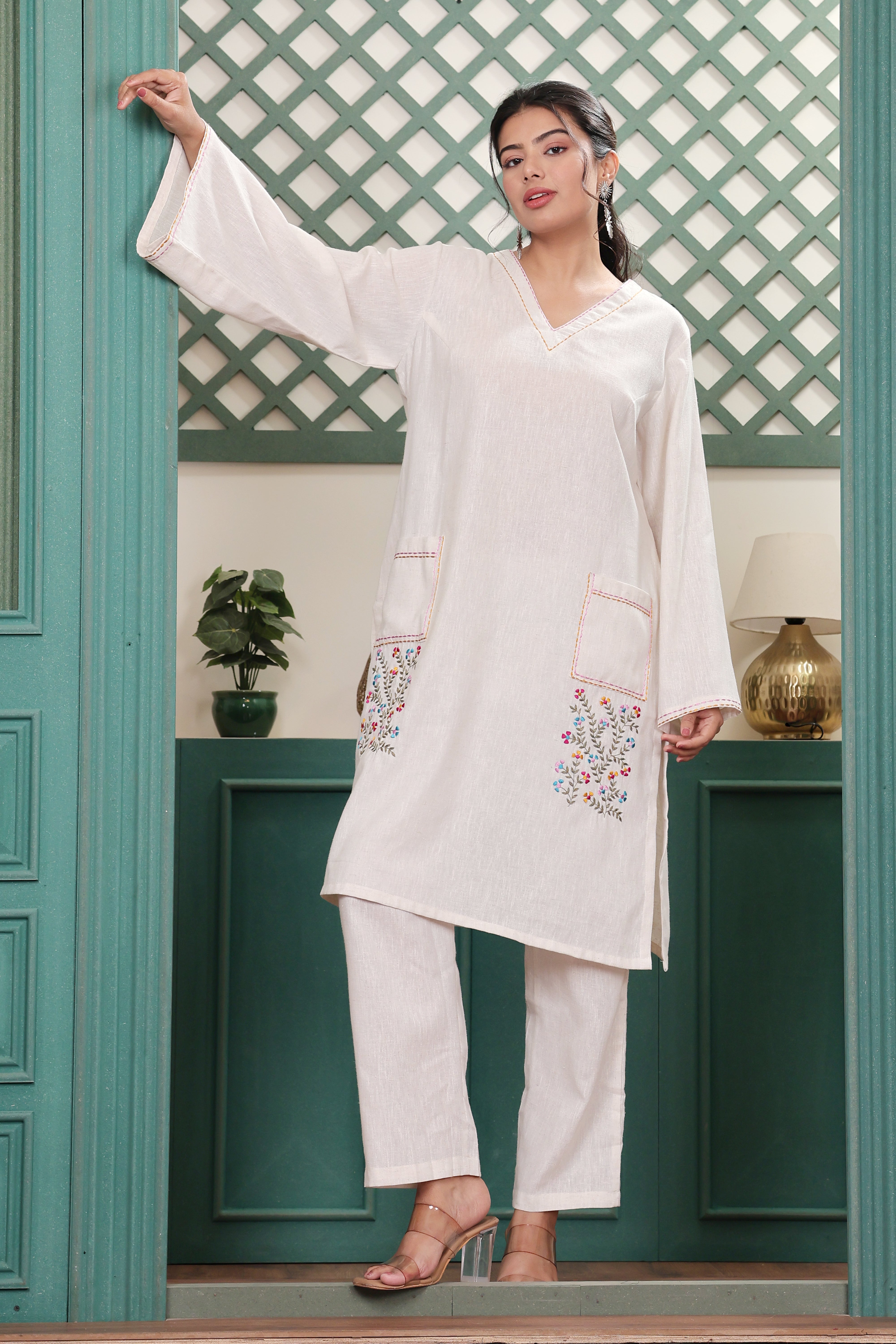 Off White Cotton linen Handloom Kurta Dress with Hand Embroidery & Front Pockets
