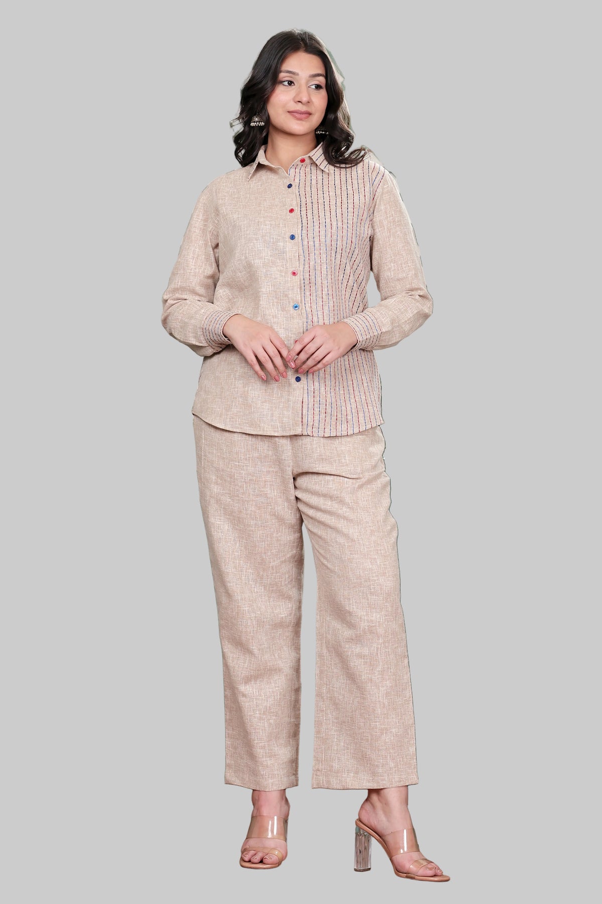 Beige Linen Blend Shirt Co-ord Set with Front & Back Embroidery
