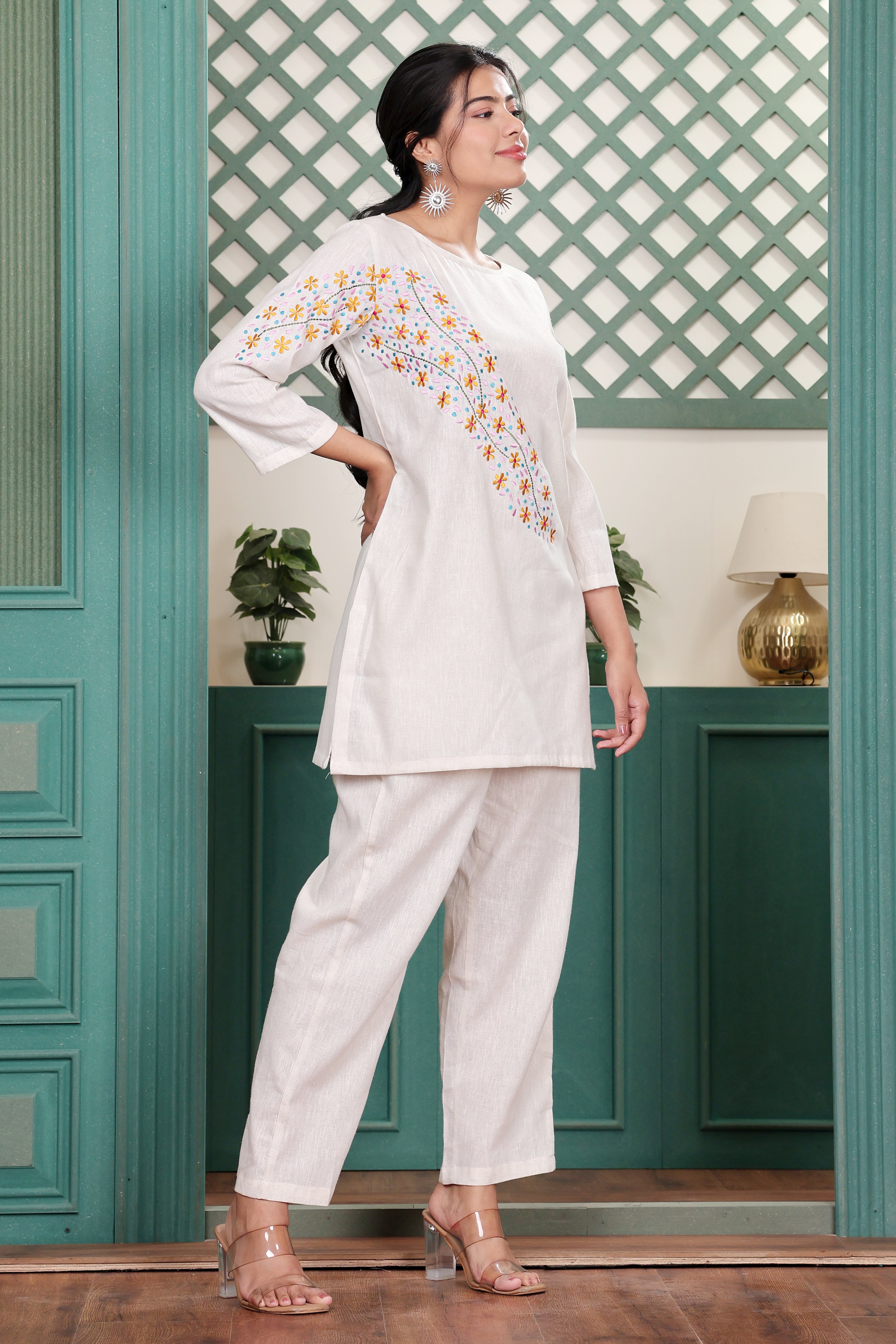Off White Cotton Blend Tunic with Floral Motif Embroidery
