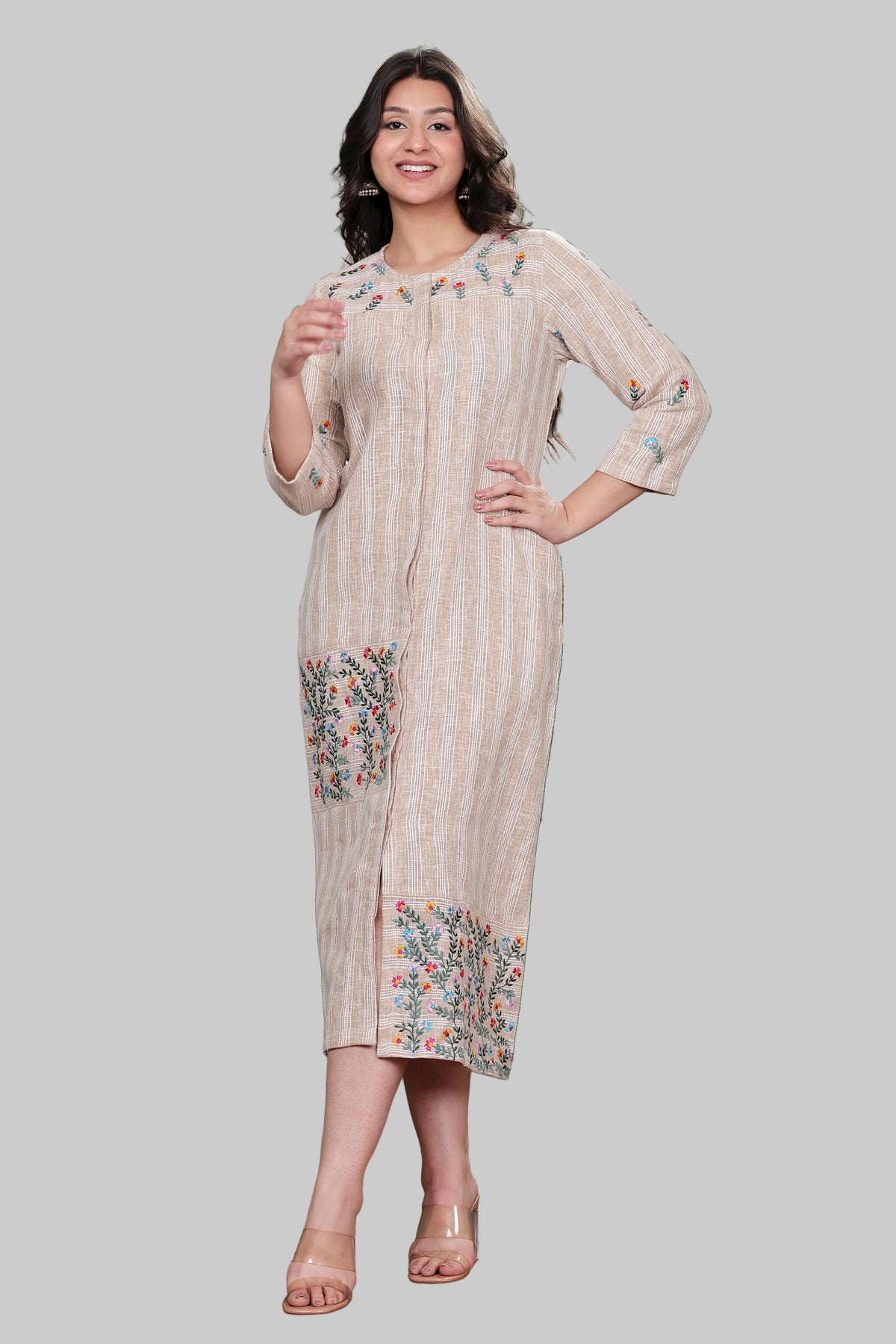 Beige Linen Blend Long Dress with Floral Motif Embroidery