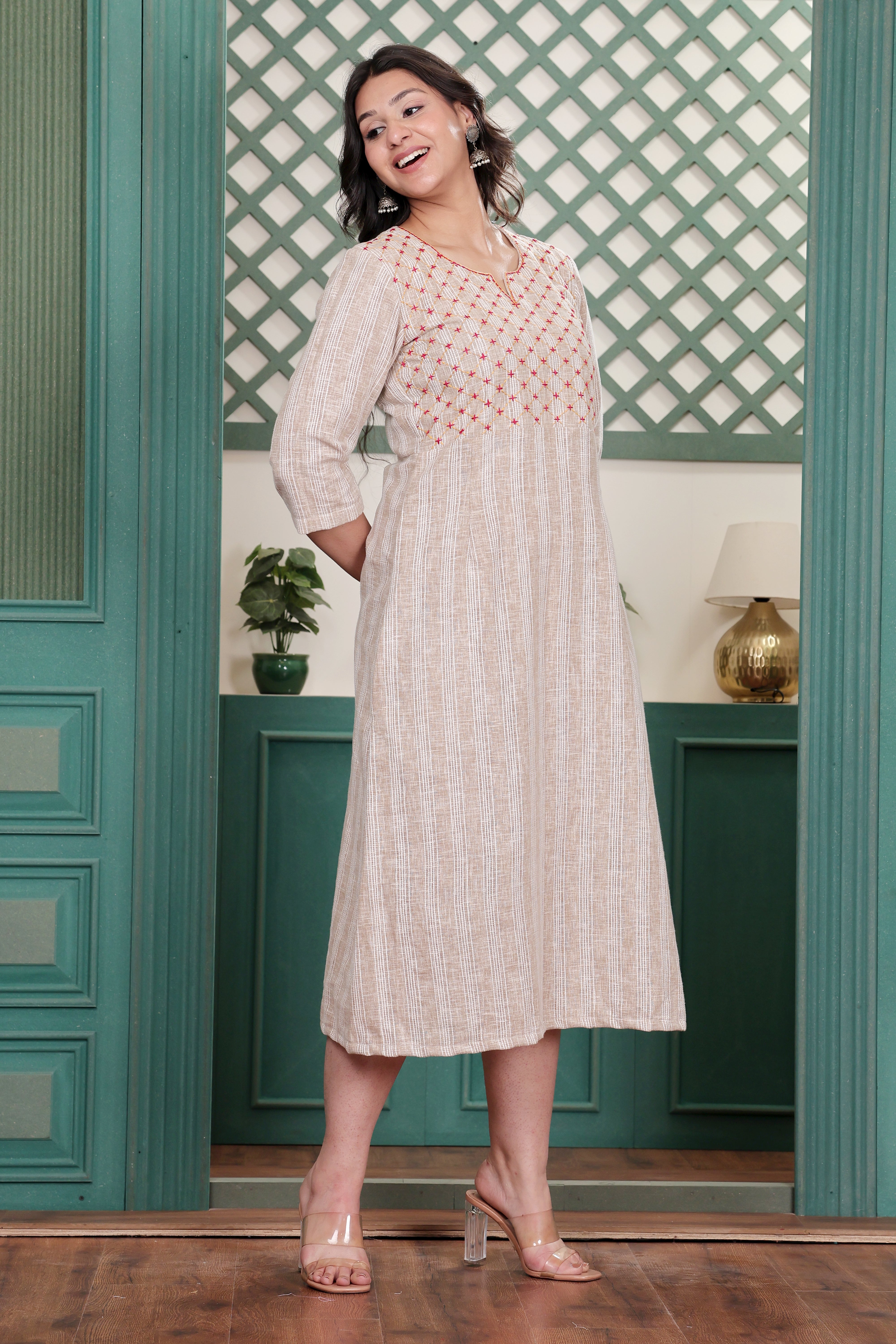 Beige Linen Blend Long Dress with Hand Embroidered Yoke