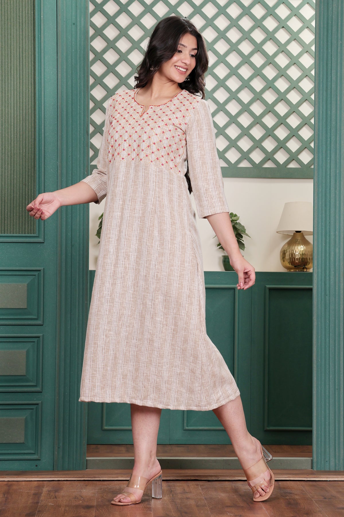 Beige Linen Blend Long Dress with Hand Embroidered Yoke
