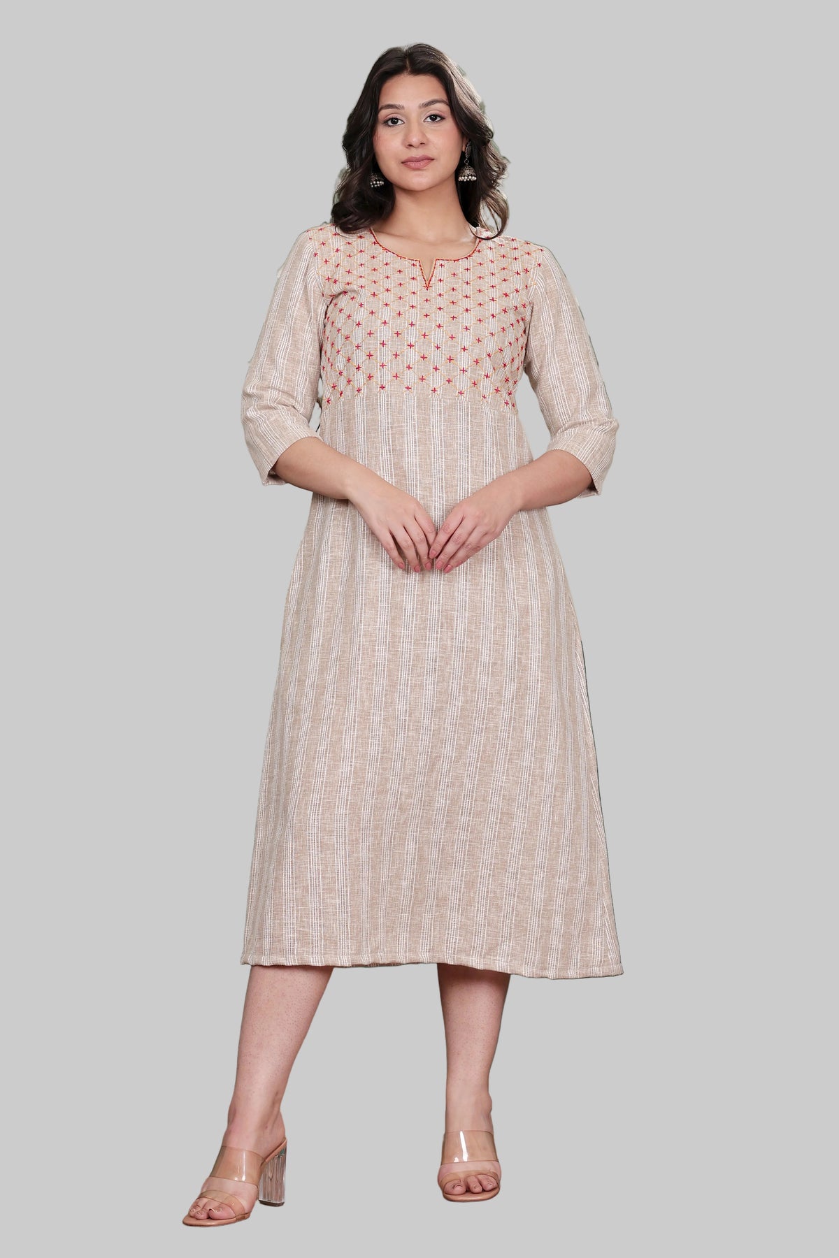 Beige Linen Blend Long Dress with Hand Embroidered Yoke